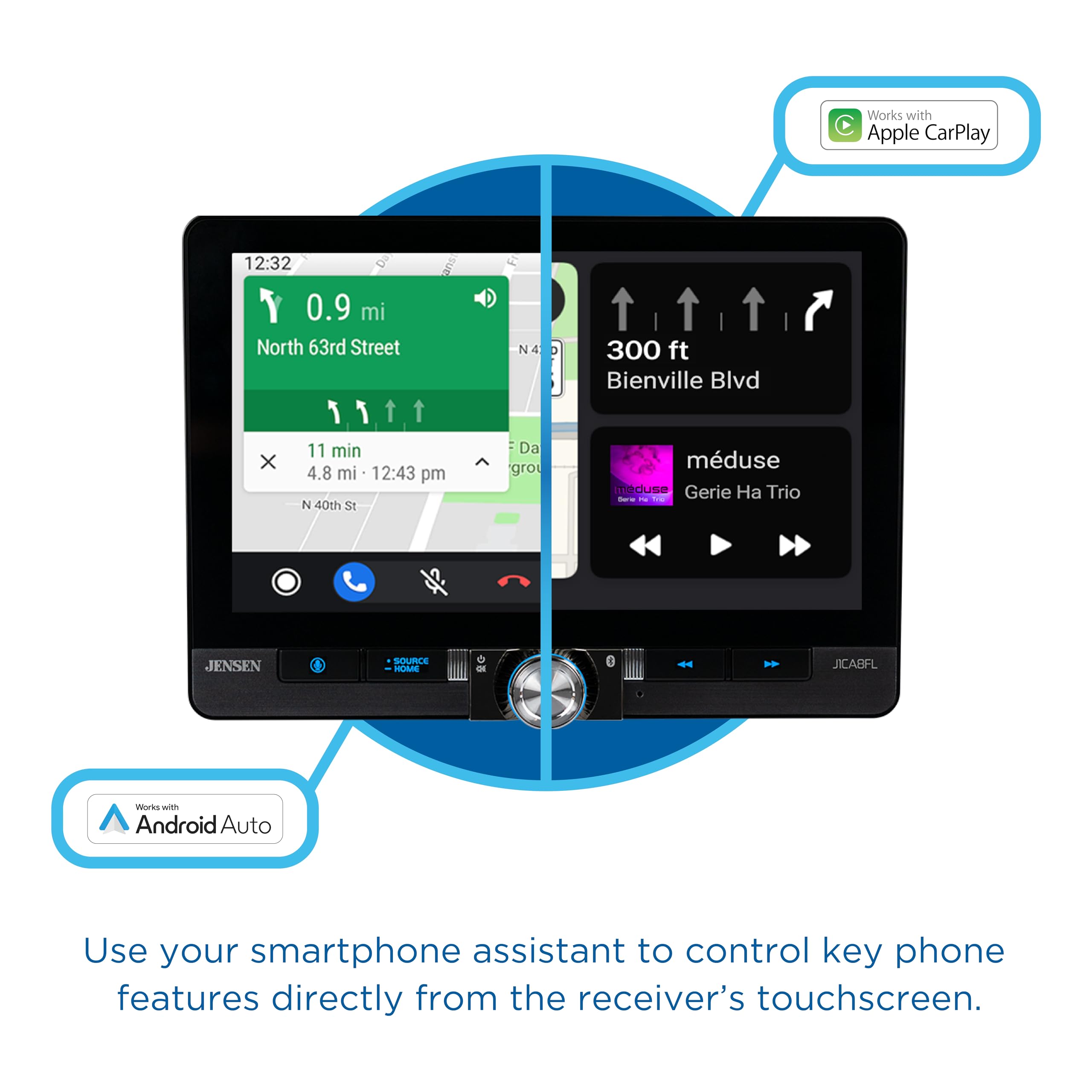 Jensen J1CA8FL 8-inch Apple CarPlay & Android Auto Car Stereo - Wireless & Wired | Single/Double DIN Touchscreen Radio | Bluetooth | Front/Rear Camera Inputs | USB Playback & Charging | Perfect for Commuting & Road Trips