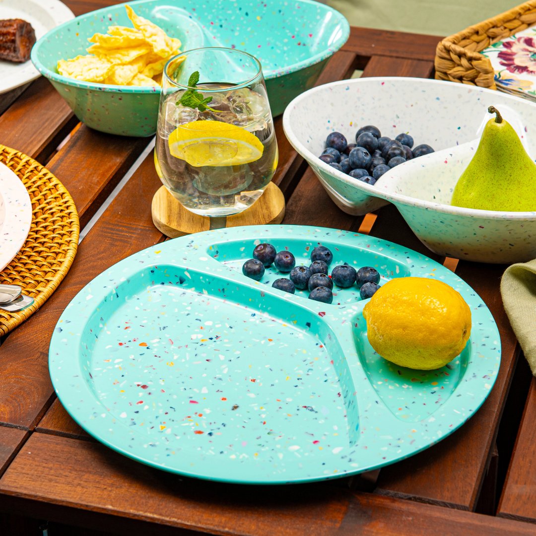 2-Piece Confetti Divided BBQ Plates Set - Green - Perfect for Outdoor Grilling, Picnics, and Party Serving