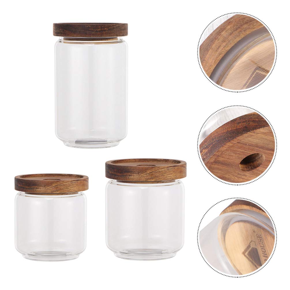DOITOOL 3-Piece Glass Grain Storage Jars with Wooden Lids - Airtight Food Containers for Tea, Coffee, Dried Fruits, Spices & Pantry Organization | Perfect for Kitchen, Office & Home Decor