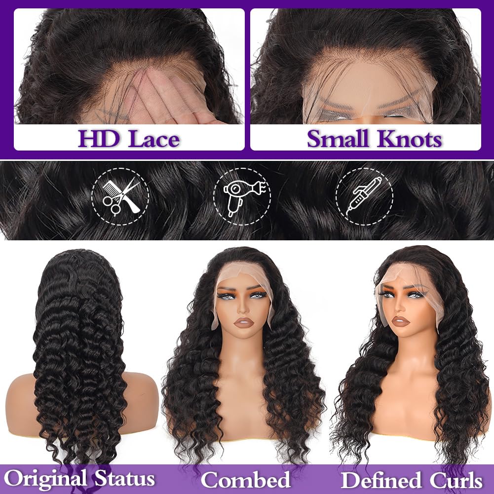 26 Inch Deep Wave Lace Front Wigs Human Hair - 13x4 HD Curly Lace Frontal Wig for Women | Pre Plucked, 180 Density, Glueless, Tangle Free | Perfect for Daily Wear, Parties, Cosplay & Special Occasions