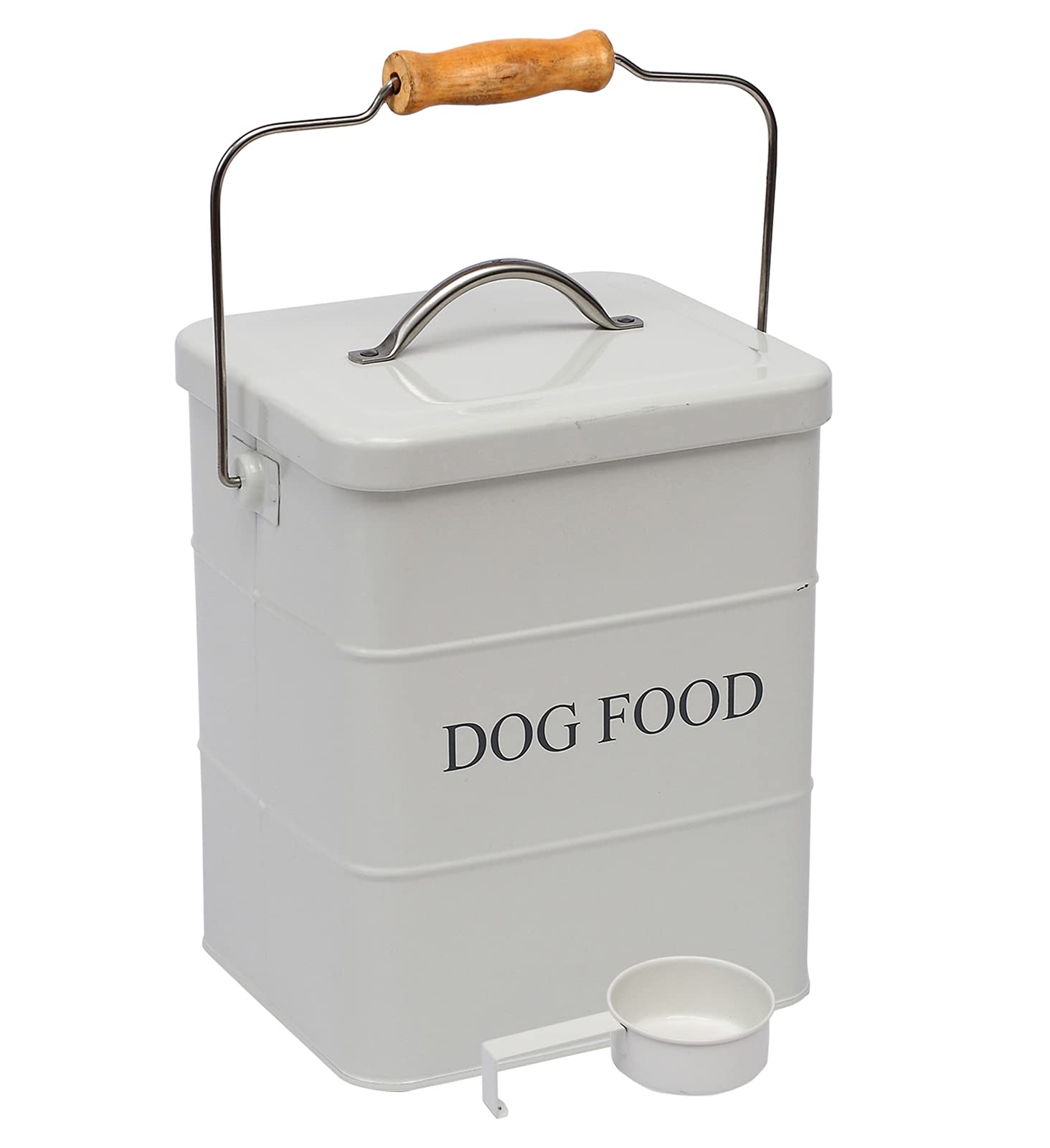Airtight Metal Dog Food Storage Container with Wooden Handle & Scoop - Holds 5-6 lbs of Kibble, Treats & Biscuits - Perfect for Kitchen Pantry Organization & Pet Food Freshness - White