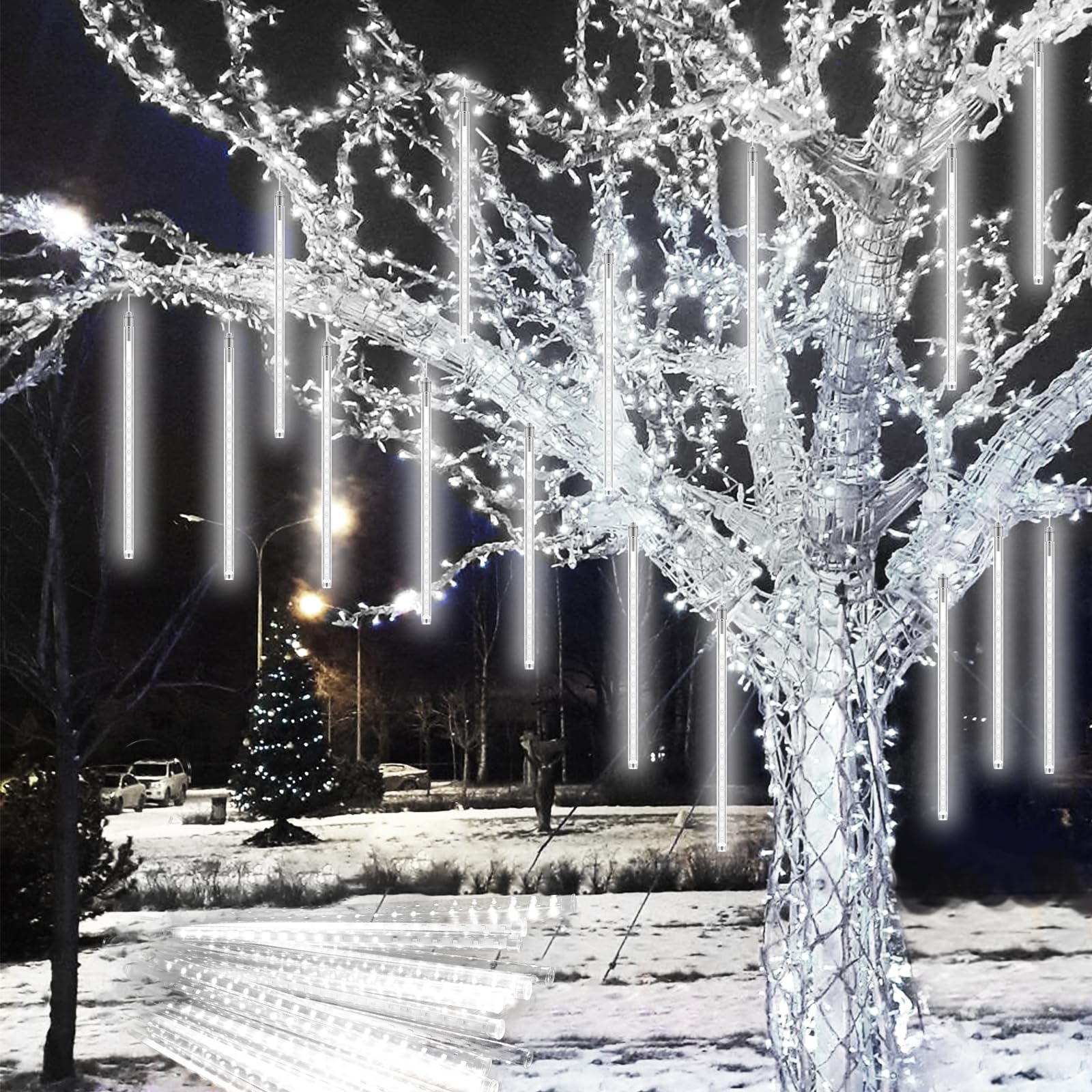 PEMOTech 16 Tubes 576 LED Meteor Shower String Lights - 49.4ft Outdoor Waterproof Fairy Lights for Christmas, Wedding, Party & Garden Decoration - Cool White Cascading Icicle Lights with UL Plug - Perfect for Patio, Backyard, and Holiday Events