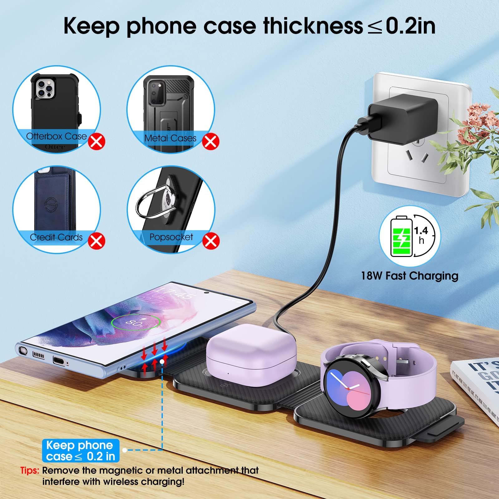 Foldable Wireless Charging Station for Samsung S25 Ultra/S24/Z Flip 6/5 - Portable Travel Charger with Watch & Buds Charging - Compatible with Samsung Watch 7/Buds Pro3/2 (Black) | Perfect for Home, Office & Travel Use