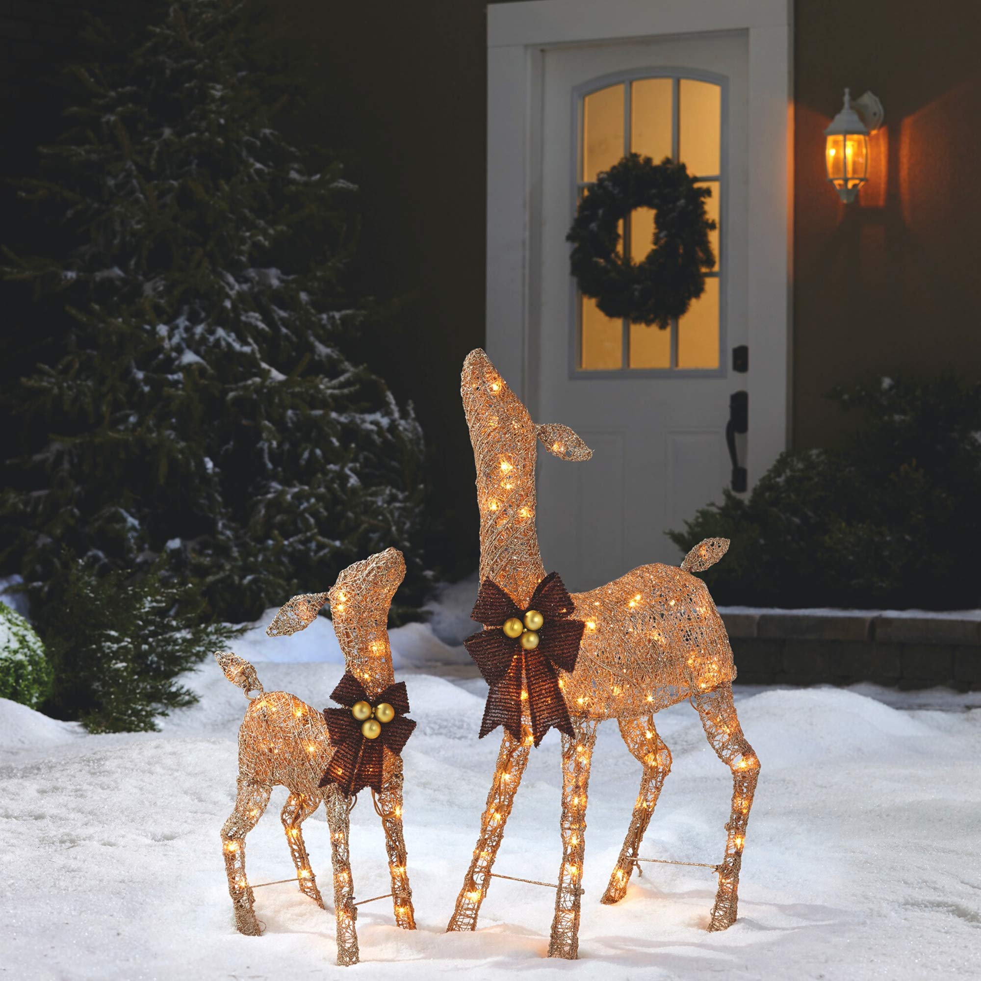 2.8 Ft Pre-Lit LED Christmas Deer Outdoor Yard Decor with Warm White Lights - Metal Holiday Decoration with Gold Finish & Red Bows | Perfect for Front Lawn, Garden, Porch & Christmas Party Decorations