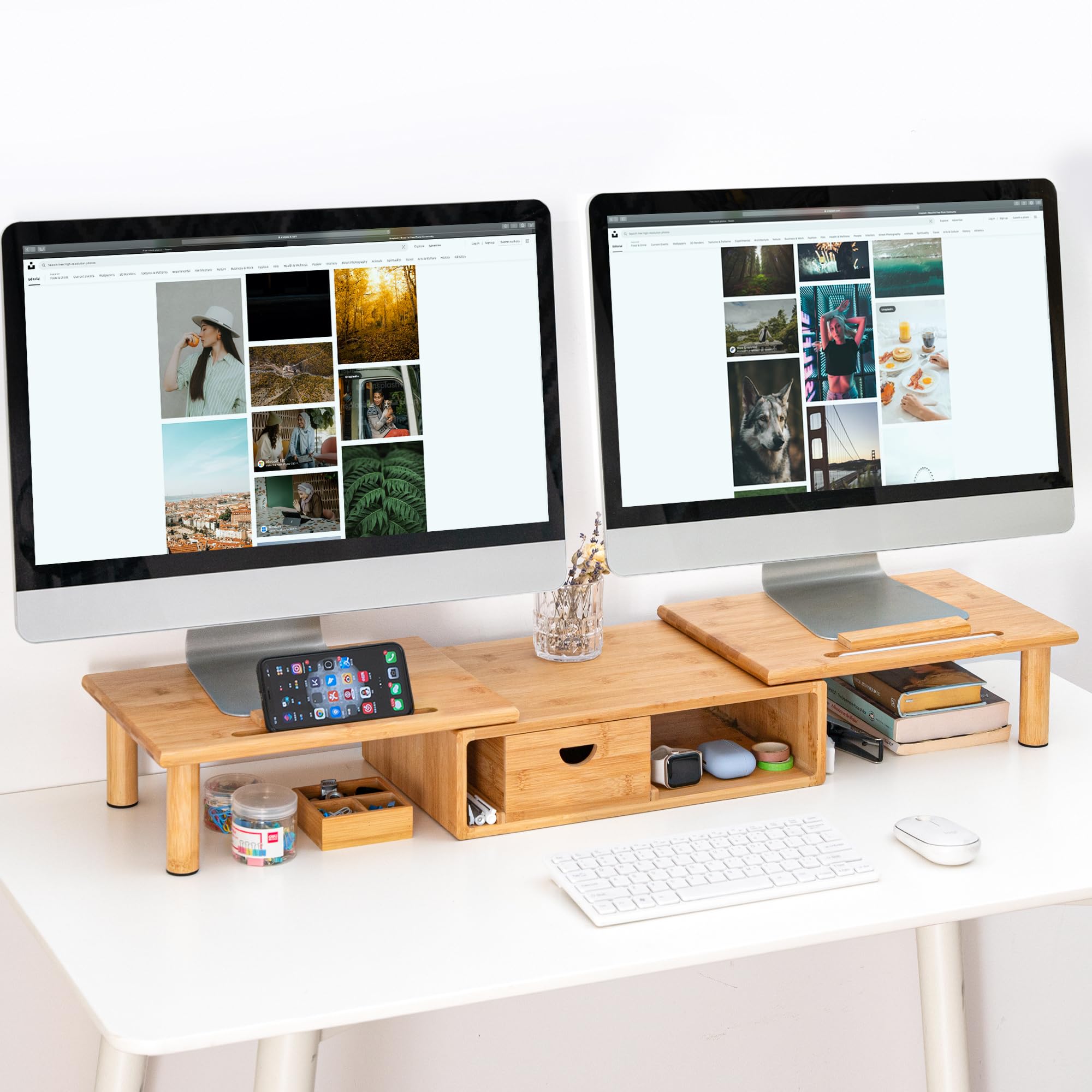 Adjustable Bamboo Dual Monitor Stand Riser with Storage Drawer - Ergonomic Desk Shelf for 2-3 Screens, Laptops, PC & TV - Perfect for Home Office, Gaming Setup & Workspace Organization (Natural Wood Finish)
