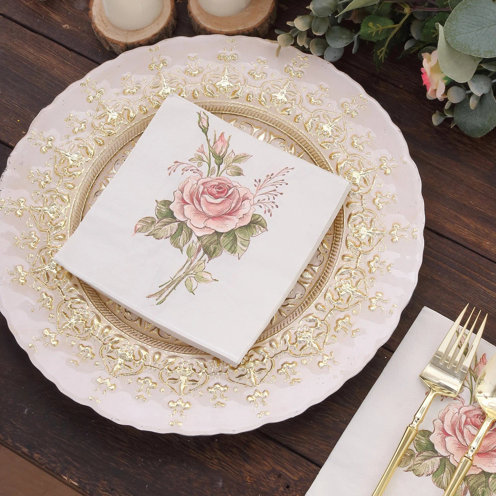 20-Pack Ivory & Pink Rose Cocktail Napkins 13x13 Inch Disposable Paper Napkins for Wedding, Bridal Shower, Birthday Party & Elegant Events