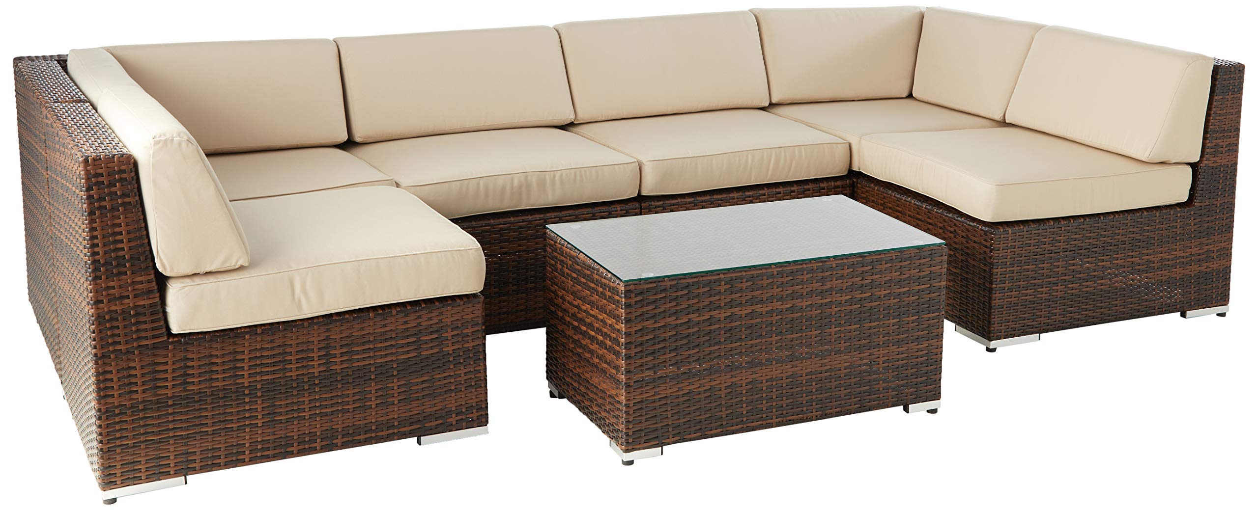 Ohana 7-Piece Outdoor Patio Furniture Sectional Set - Mixed Brown Wicker with Sunbrella Antique Beige Cushions - No Assembly Required - Includes Free Patio Cover - Perfect for Backyard, Garden, Poolside & Patio Relaxation