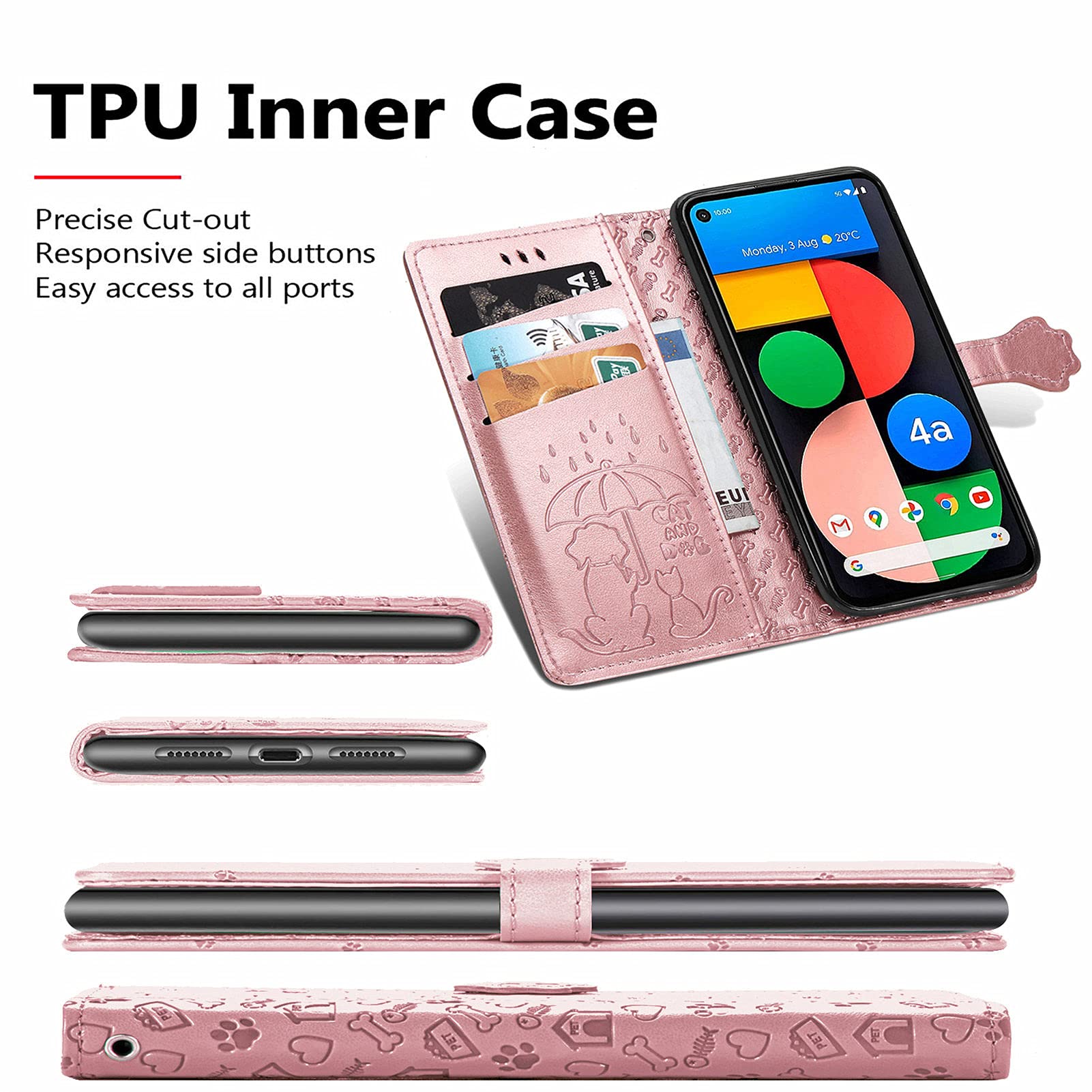 Cute Cartoon Wallet Case for Google Pixel 5A 5G - Cat & Dog Style Flip Cover with ID Card Holder, PU Leather Phone Case (Rose Gold) - Perfect for Daily Use, Travel & Hands-Free Convenience