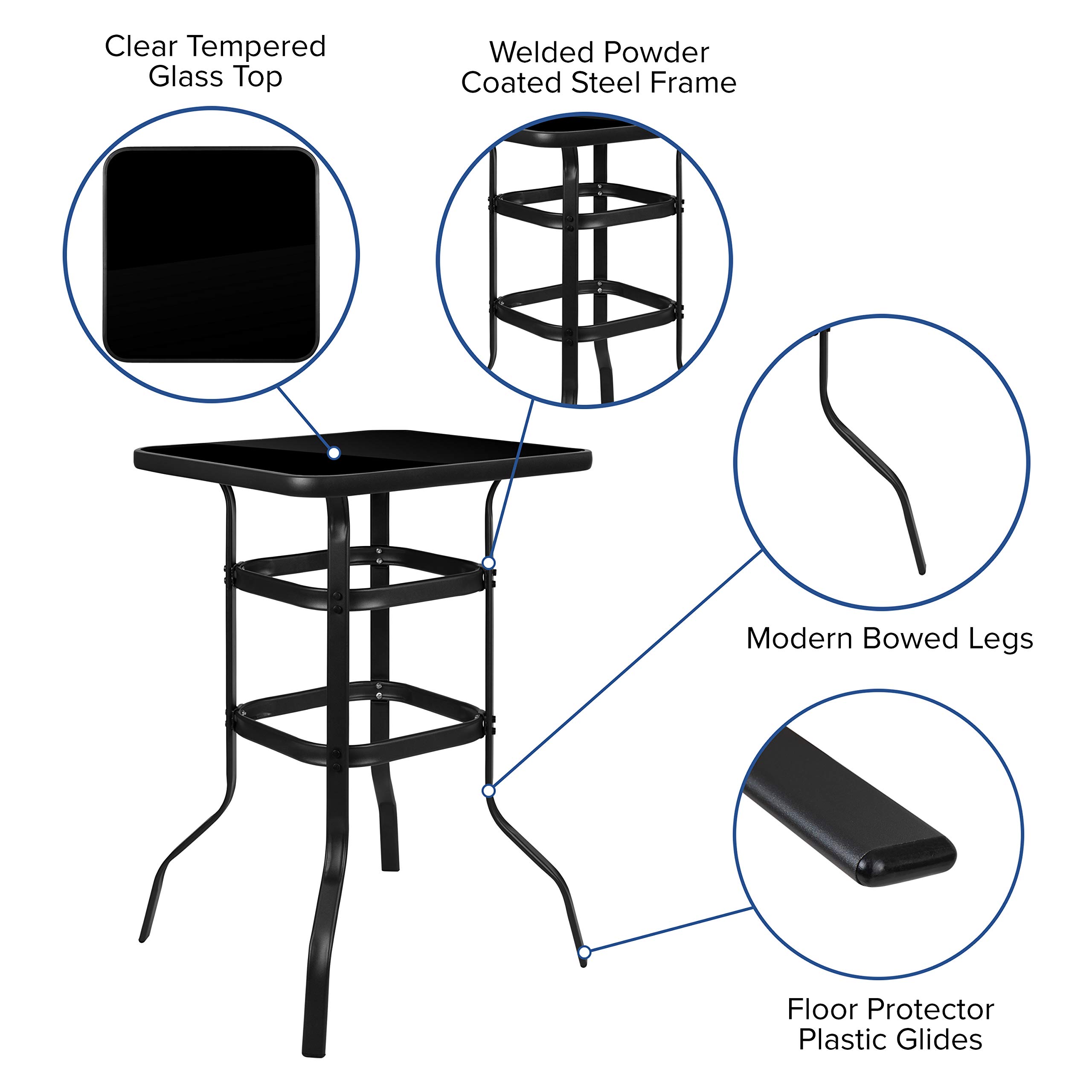 3-Piece Glass Bar Table Set with 2 Black Patio Bar Stools - Modern Outdoor Dining Furniture for Patio, Garden, Poolside & Backyard Entertaining