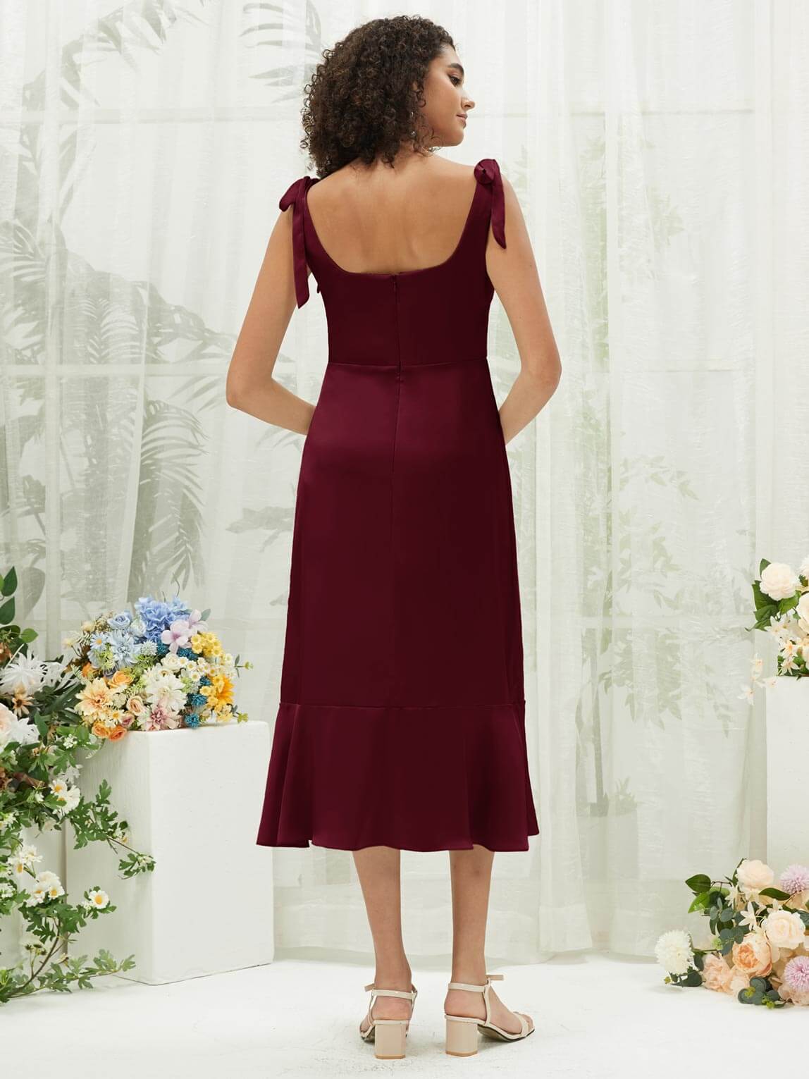 Elegant Burgundy Silk Satin Square Neck Bridesmaid Dress with Slit & Convertible Design - Perfect for Weddings, Parties, and Formal Events
