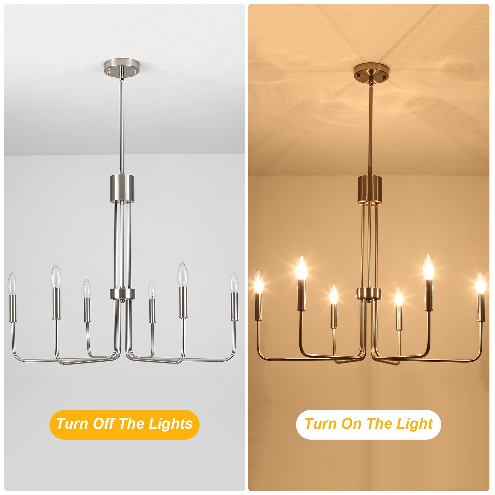 6-Light Brushed Nickel Chandelier - Modern Farmhouse Dining Room Lighting Fixture for Kitchen, Living Room & Entryway | Elegant Ceiling Light for Home Decor, Wedding & Restaurant