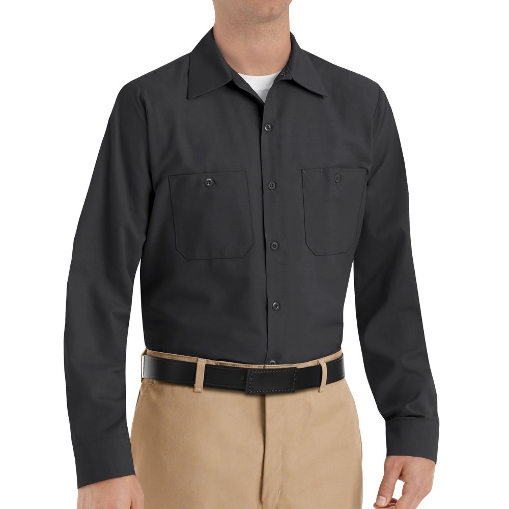 Red Kap Men's Long Sleeve Industrial Work Shirt - Durable Black Cotton Workwear for Construction, Mechanics & Outdoor Labor