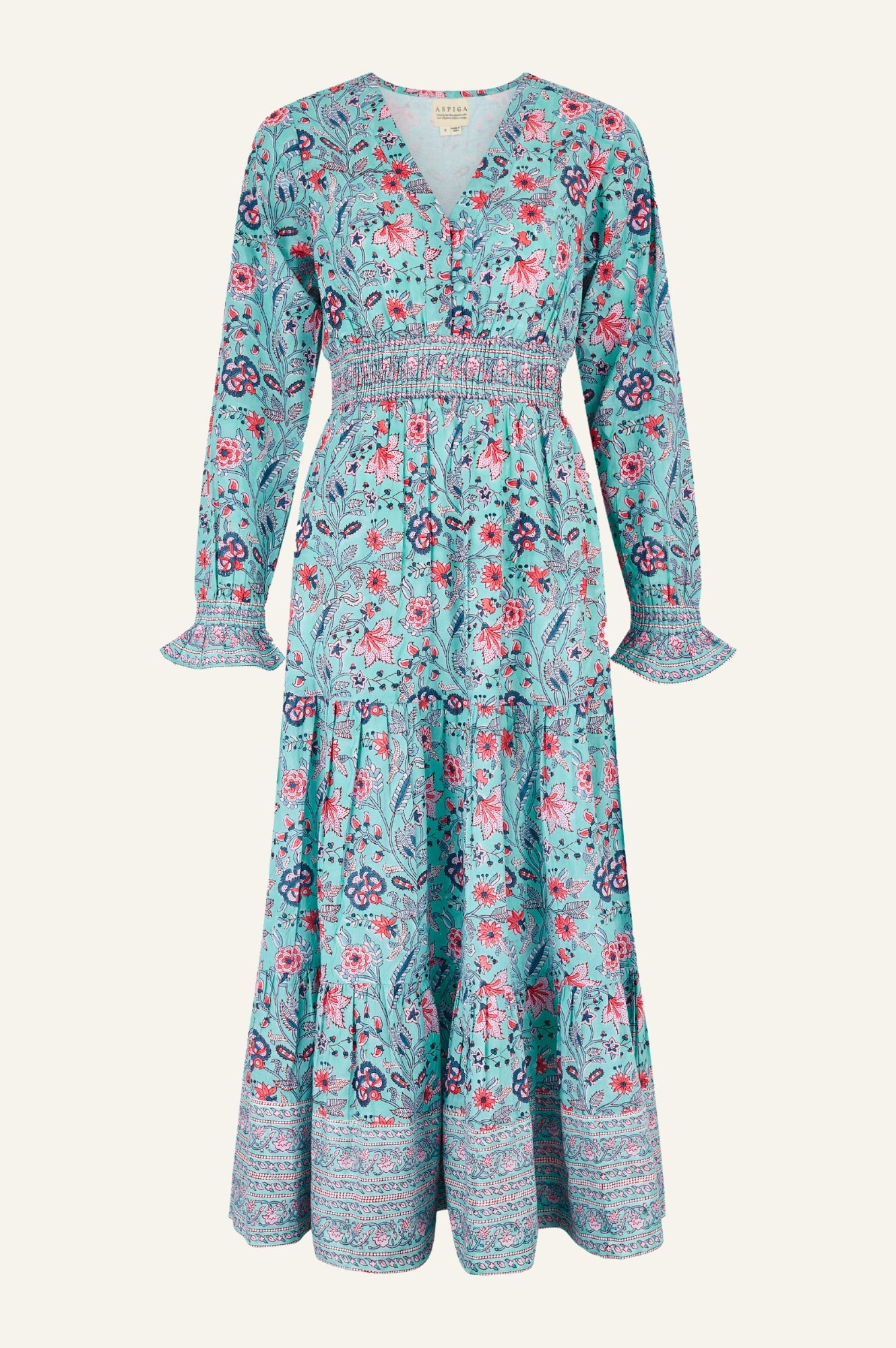 Billie Organic Cotton Block Print Dress - Floral Gardenia Blue/Red | Boho Summer Dress for Women | Perfect for Beach, Vacation & Casual Outings