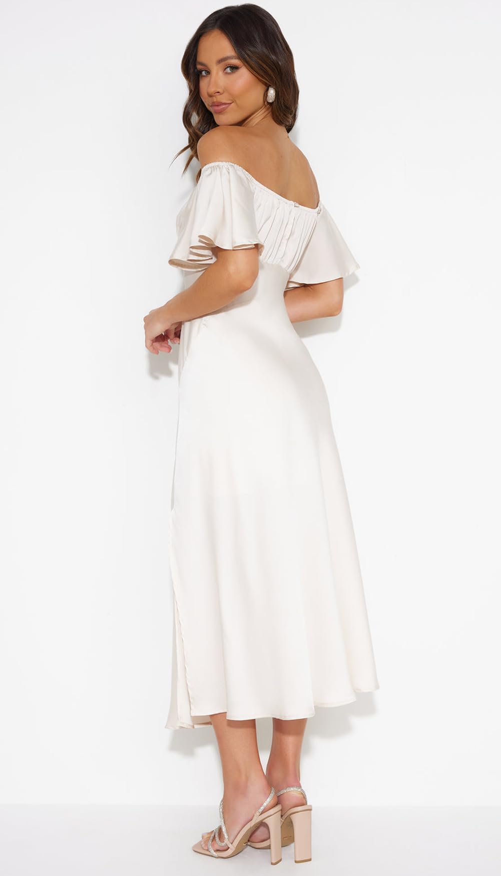 2025 Summer Women's Satin Off Shoulder Formal Dress - Elegant Butterfly Sleeve Cocktail Midi Dress for Wedding Guest, Prom & Special Occasions | Split Design for Comfort & Style