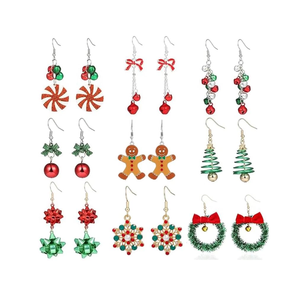 9 Pairs Christmas Dangle Stud Earrings Set - Festive Holiday Jewelry with Christmas Tree, Jingle Bell & Snowflake Designs for Women | Perfect for Xmas Parties, Gift Giving & Thanksgiving Celebrations