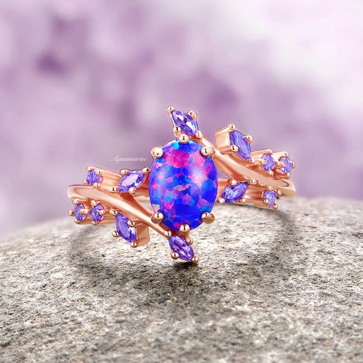 Starry Night Van Gogh Inspired Blue Fire Opal & Cornflower Sapphire Ring - 14K Rose Gold Vermeil Jewelry for Women - Perfect for Evening Parties, Weddings & Special Occasions