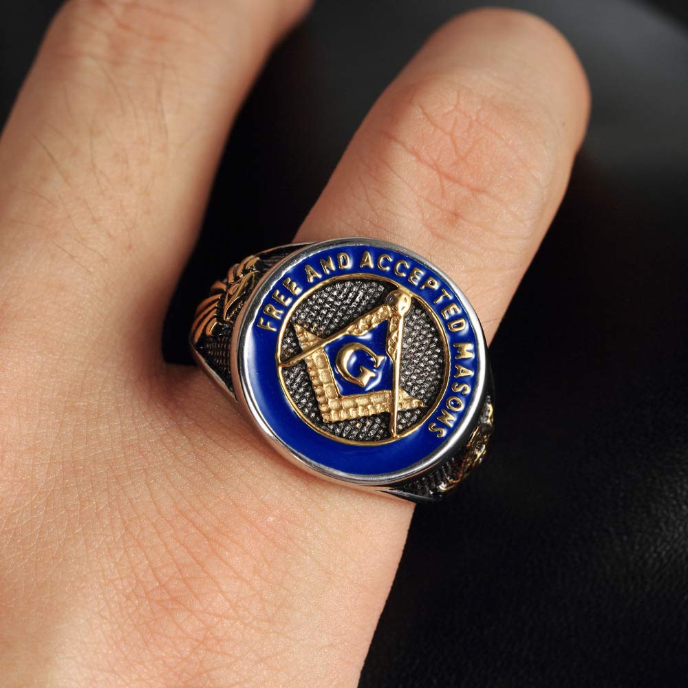 **Men's Masonic Ring - Stainless Steel Freemason Symbol Signet Band in Silver, Gold & Blue | Free & Accepted Masons Jewelry for Gifts & Brotherhood Events**