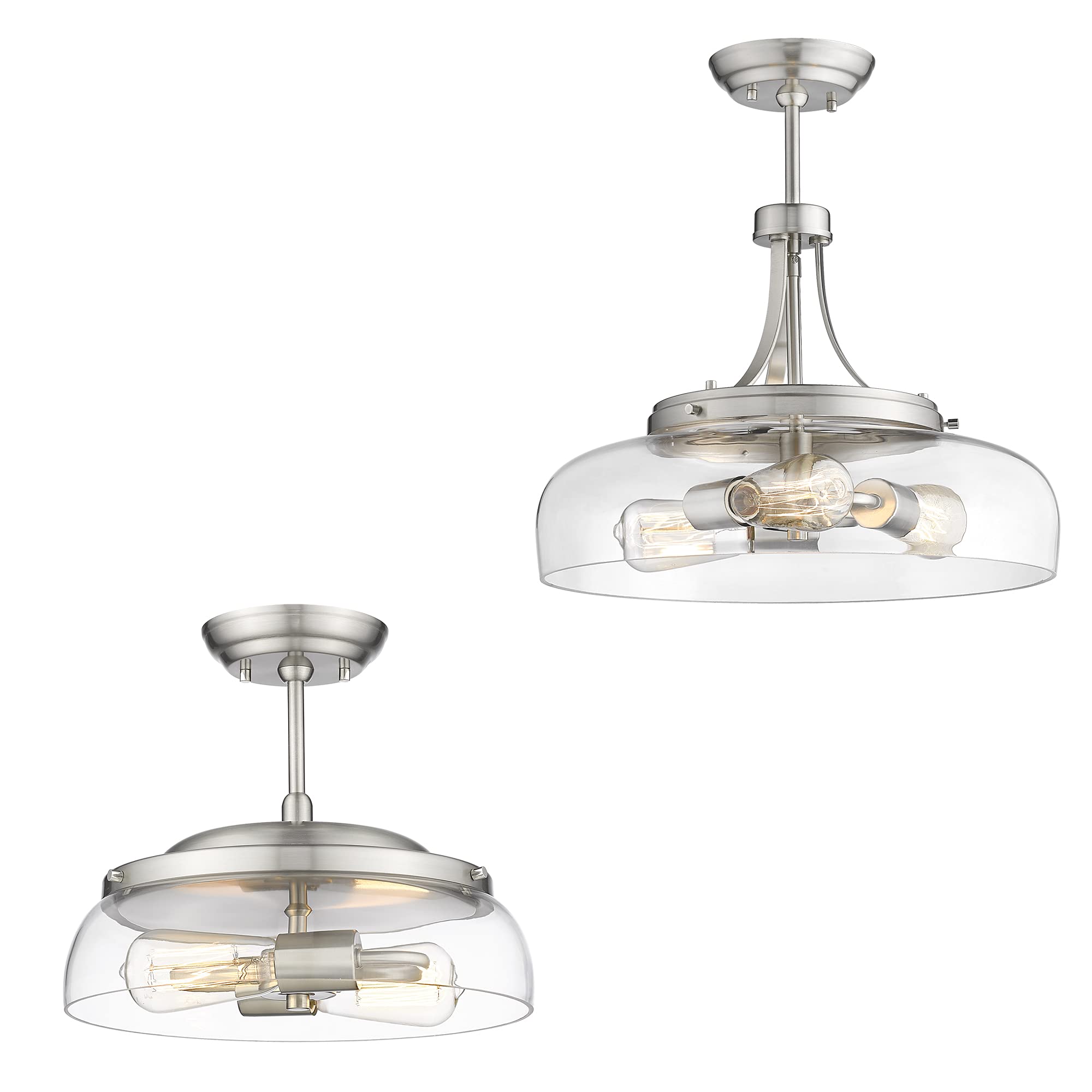 EAPUDUN 3-Light & 2-Light Brushed Nickel Semi Flush Mount Ceiling Light Set with Clear Glass Shade - Farmhouse & Modern Style Lighting for Living Room, Bedroom, Kitchen, Dining Room, Hallway