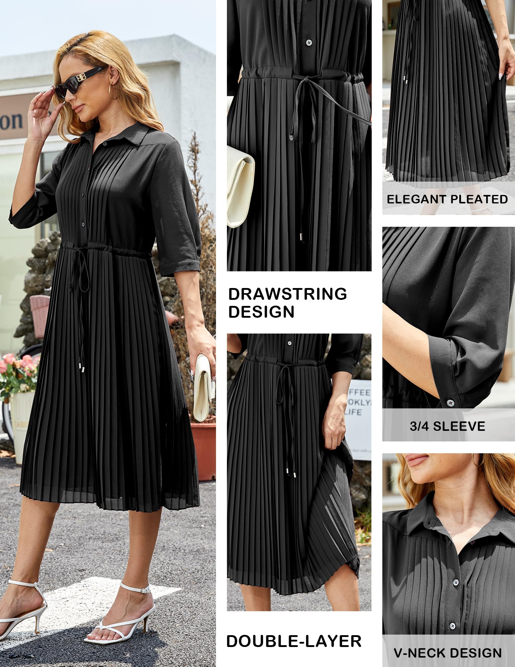Elegant Women's V-Neck 3/4 Sleeve Pleated A-Line Swing Dress with Belt - Flowy Midi Dress for Spring, Summer & Fall - Perfect for Office, Date Night & Special Occasions