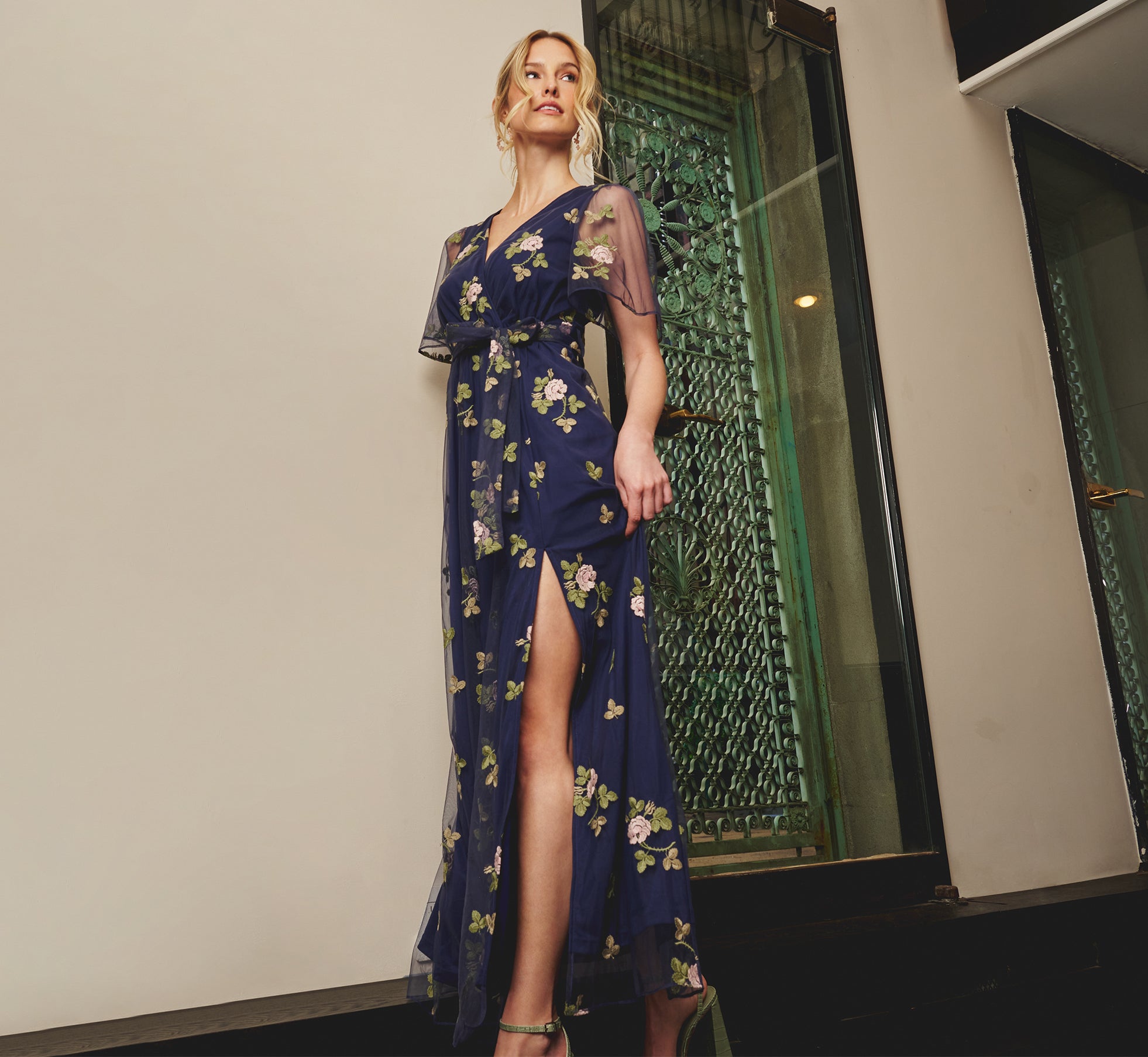 Floral Embroidered Maxi Dress with Sheer Flutter Sleeves - Navy & Multi Color Boho Summer Dress for Beach, Wedding & Vacation