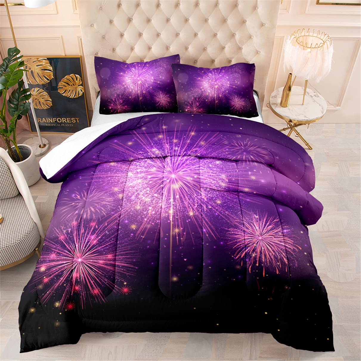 EDUMEYA Colorful Fireworks Starburst Full Size Comforter Set for Kids - 1 Quilt & 2 Pillowcases | Fun Party Bedding for Boys & Girls | Perfect for Birthday Celebrations, Sleepovers & Kids Room Decor