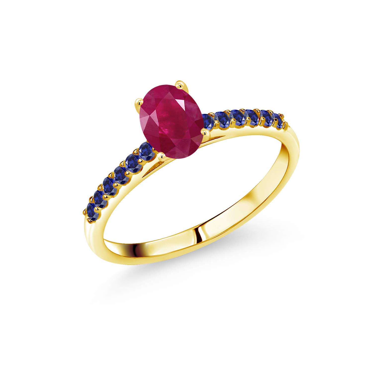1.24 Ct Oval Red Ruby & Blue Created Sapphire 10K Yellow Gold Ring for Women | Gem Stone King | Elegant Jewelry for Engagement, Wedding & Special Occasions