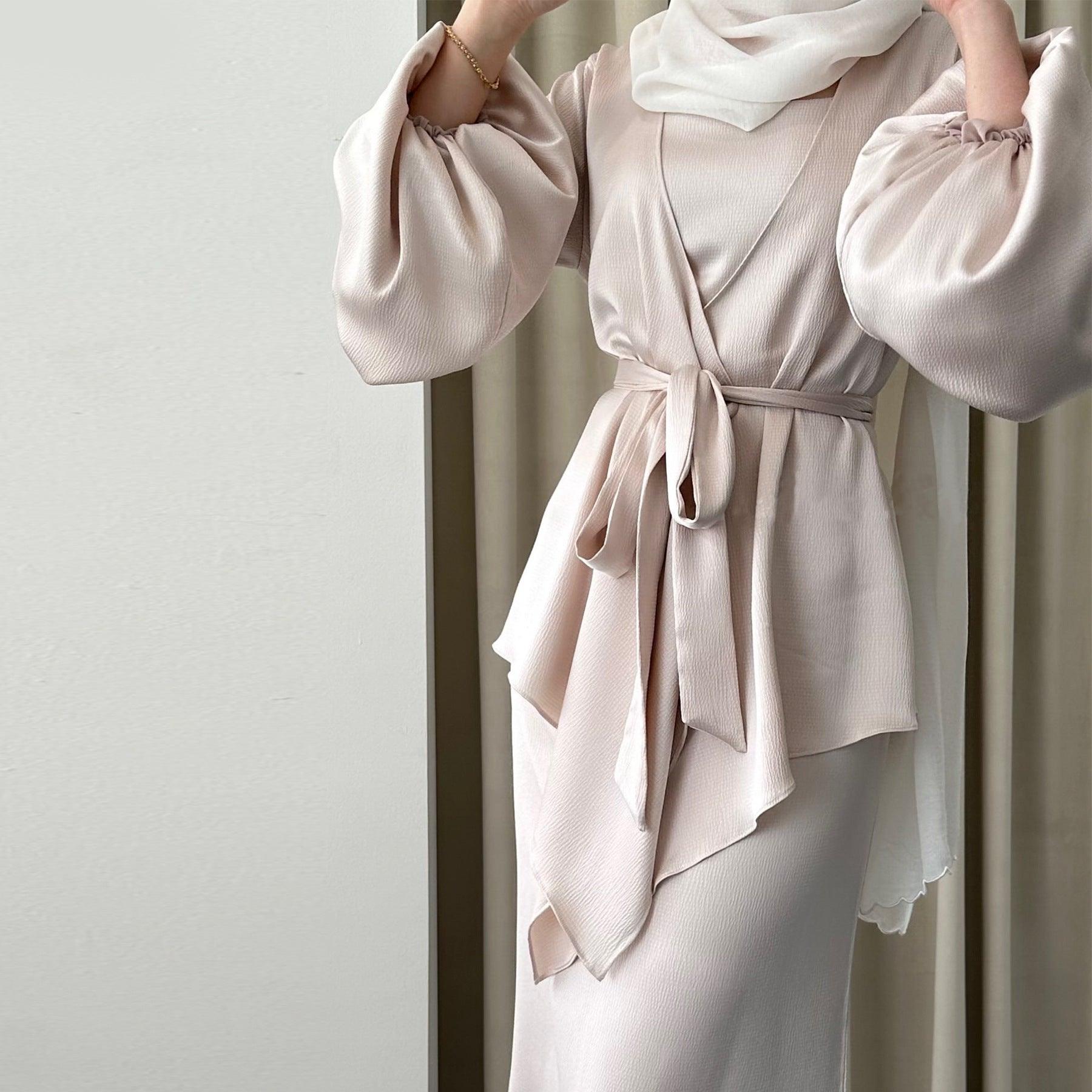 Japanese Style 3 Piece Abaya Set - Soft Silky Modest Muslim Dress with Adjustable Belt & Comfortable Lining (Black, Navy, Beige, Gray) for Prayer, Mosque & Everyday Wear