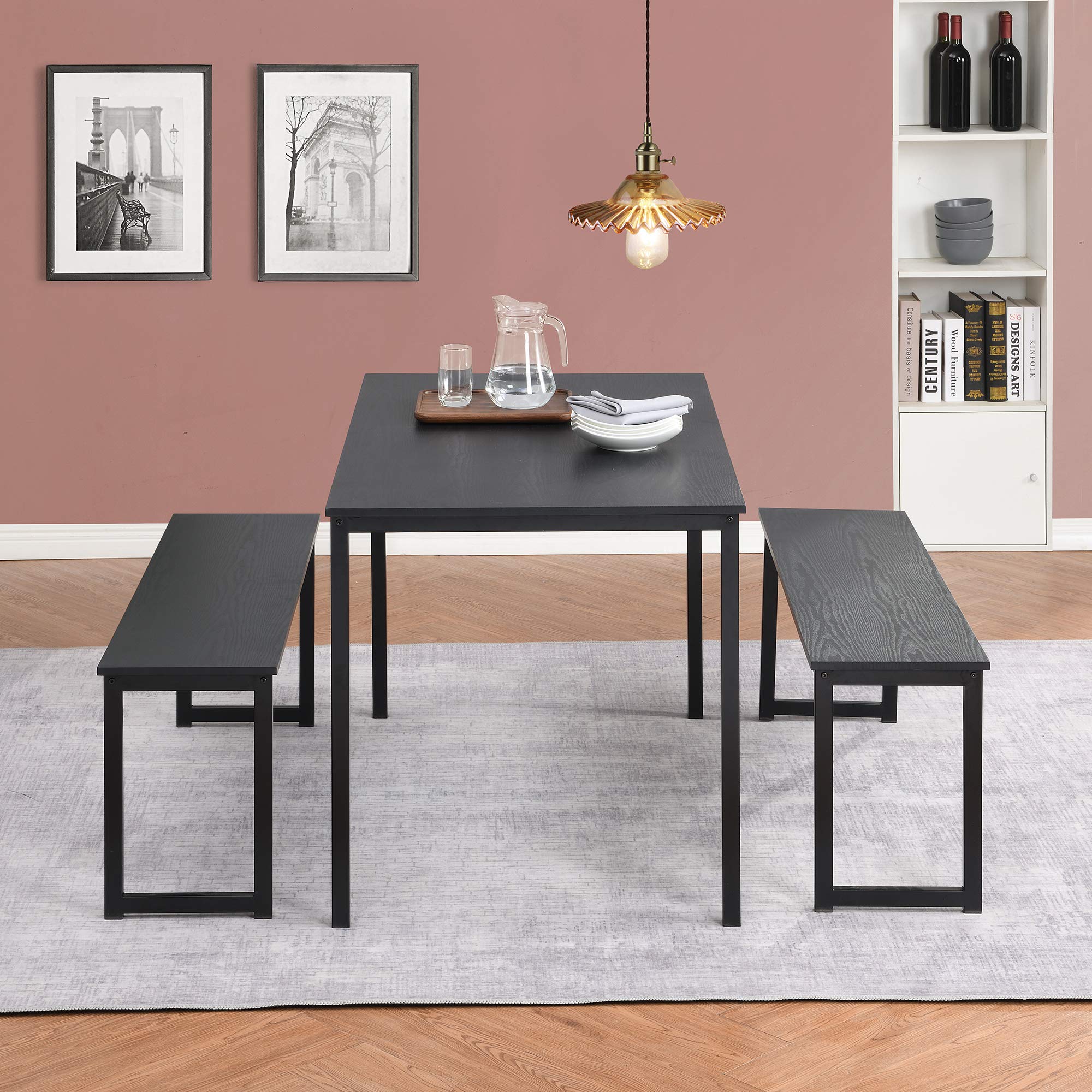 Modern 3-Piece Dining Set with 2 Benches - Black Metal Frame & MDF Board Kitchen Table for 4-6 People - Perfect for Small Spaces, Apartments & Cozy Family Meals