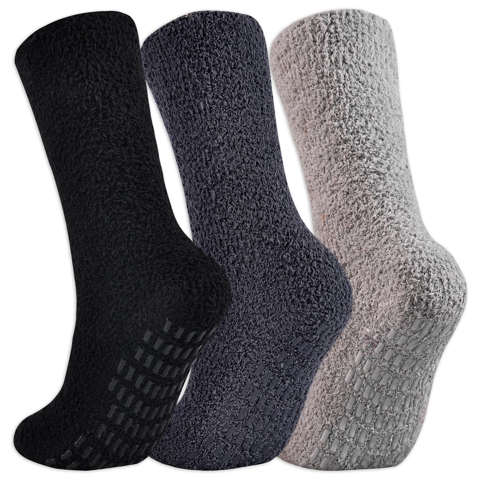 JORMATT 3 Pairs Ultra Thick Non-Slip Grip Fuzzy Socks for Women & Men - Cozy Warm House Slippers, Hospital Socks for Winter Indoor Comfort