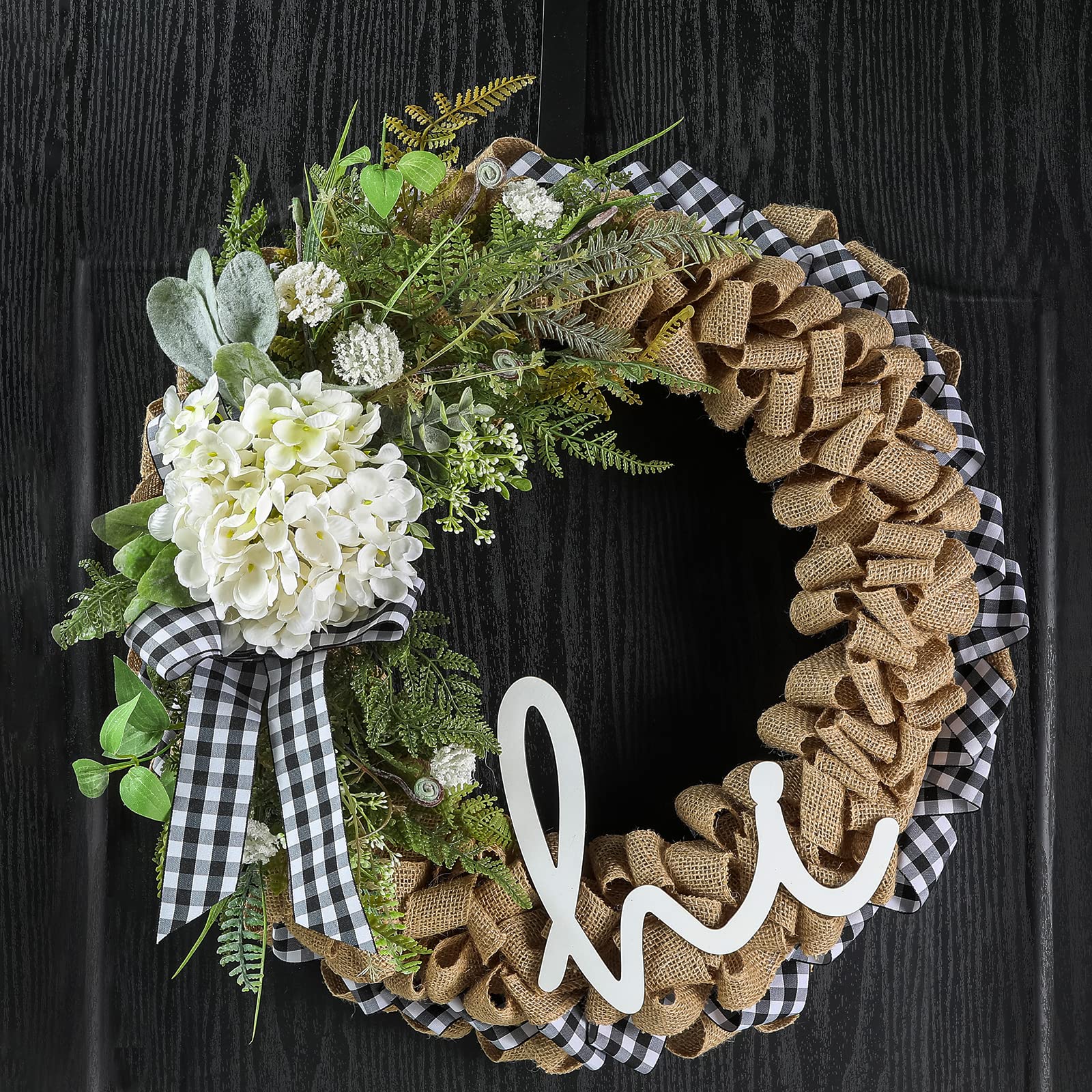 18 Inch Handmade White Burlap & Grapevine Wreath with Hydrangeas - Farmhouse Style Winter Door Wreath for Front Door Decor, Christmas, Holiday & Seasonal Home Decoration