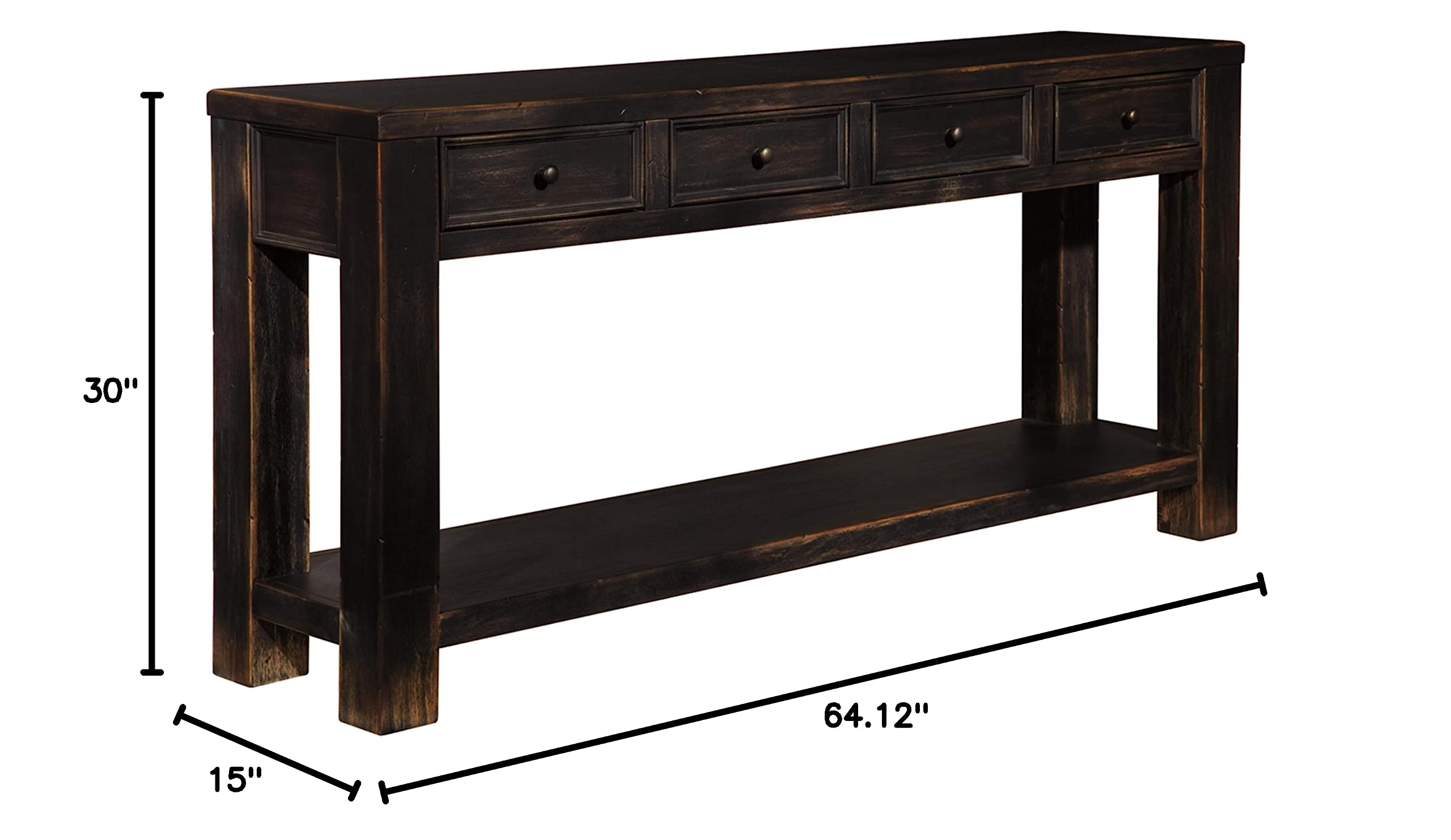 Signature Design by Ashley Gavelston Rustic Sofa Table with 4 Drawers & Lower Shelf in Weathered Black - Perfect for Living Room, Entryway & Farmhouse Decor