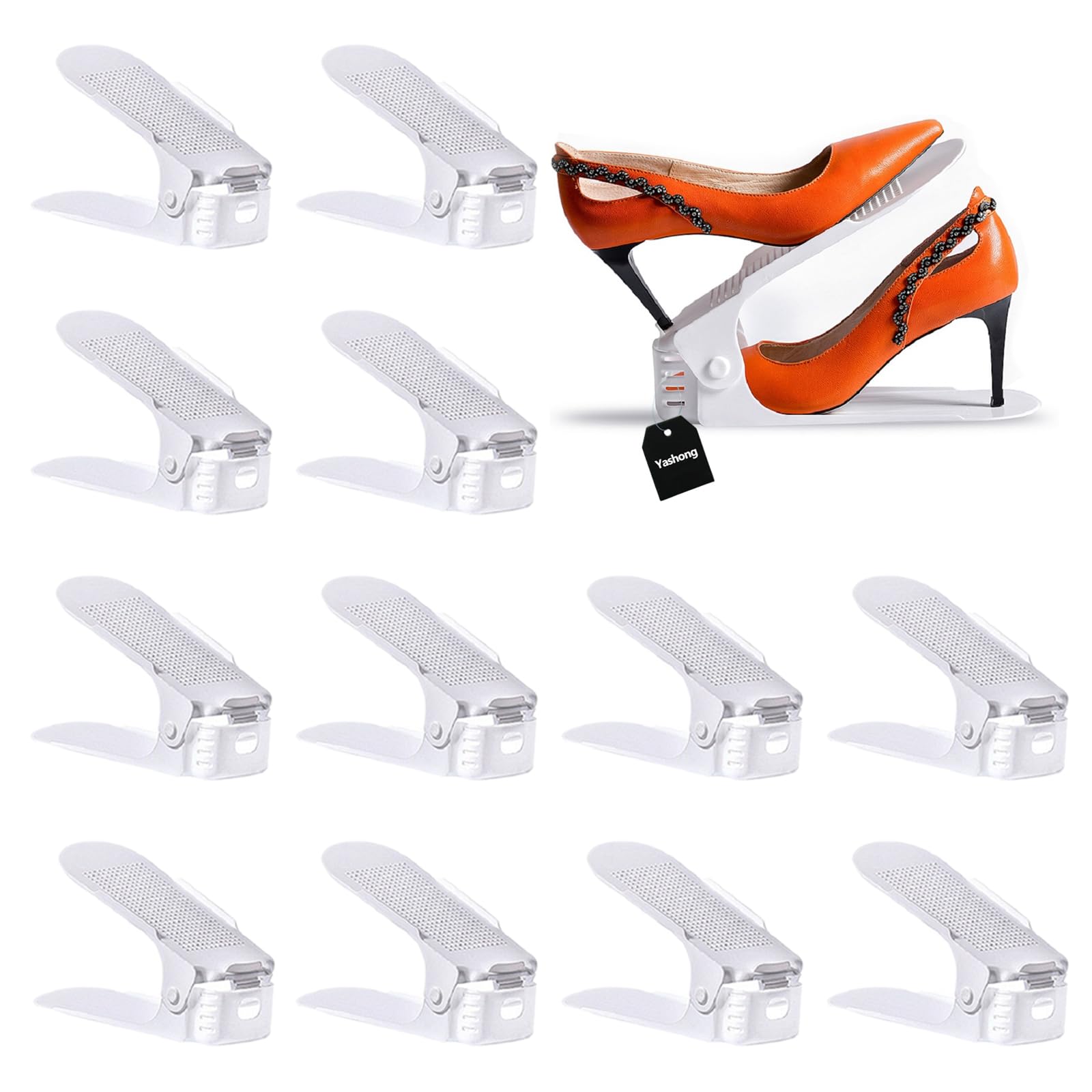 12PCS Adjustable Double Layer Shoe Rack Organizer - Space Saving Shoe Storage for Closet, Entryway & Under Bed - White Shoe Holder for Sneakers, Boots & Heels