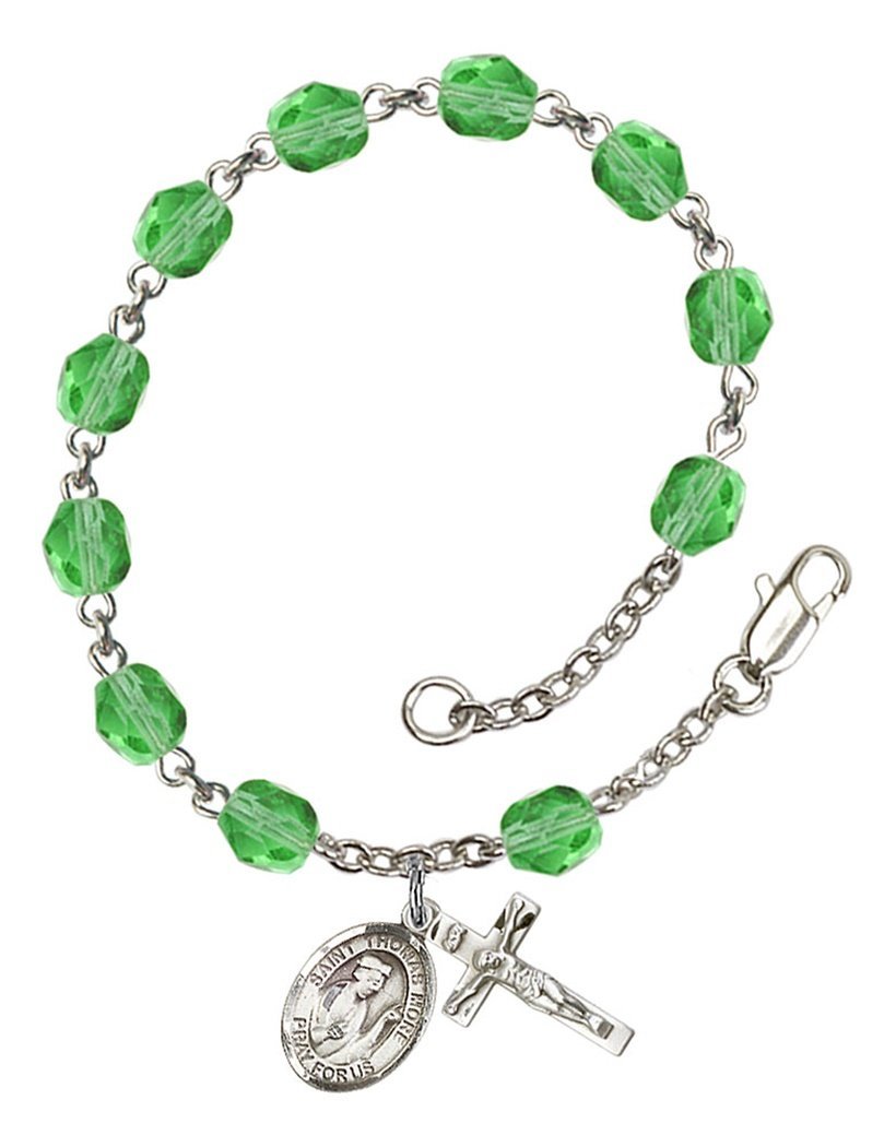 August Birthstone Beaded Rosary Bracelet with Saint Thomas More Charm - 7.5 Inch Catholic Prayer Jewelry for Women, Baptism Gifts & Spiritual Protection