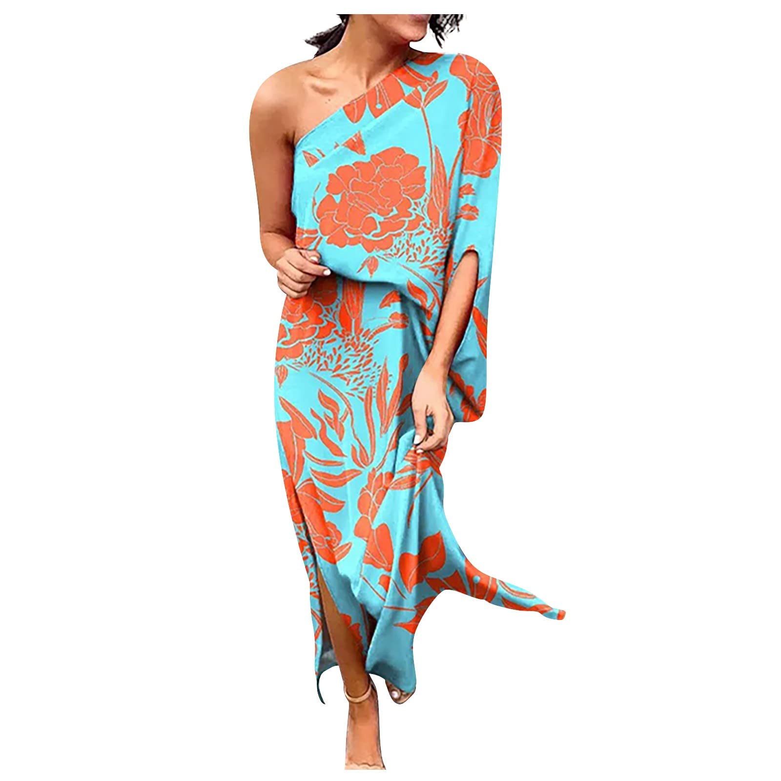PEALGBI Women's Summer Long Dresses - Ruched Evening & Business Flowy Retro Hawaiian Dress for Women, Sizes S-2XL, Cyan - Perfect for Beach Vacations, Office Wear & Summer Parties