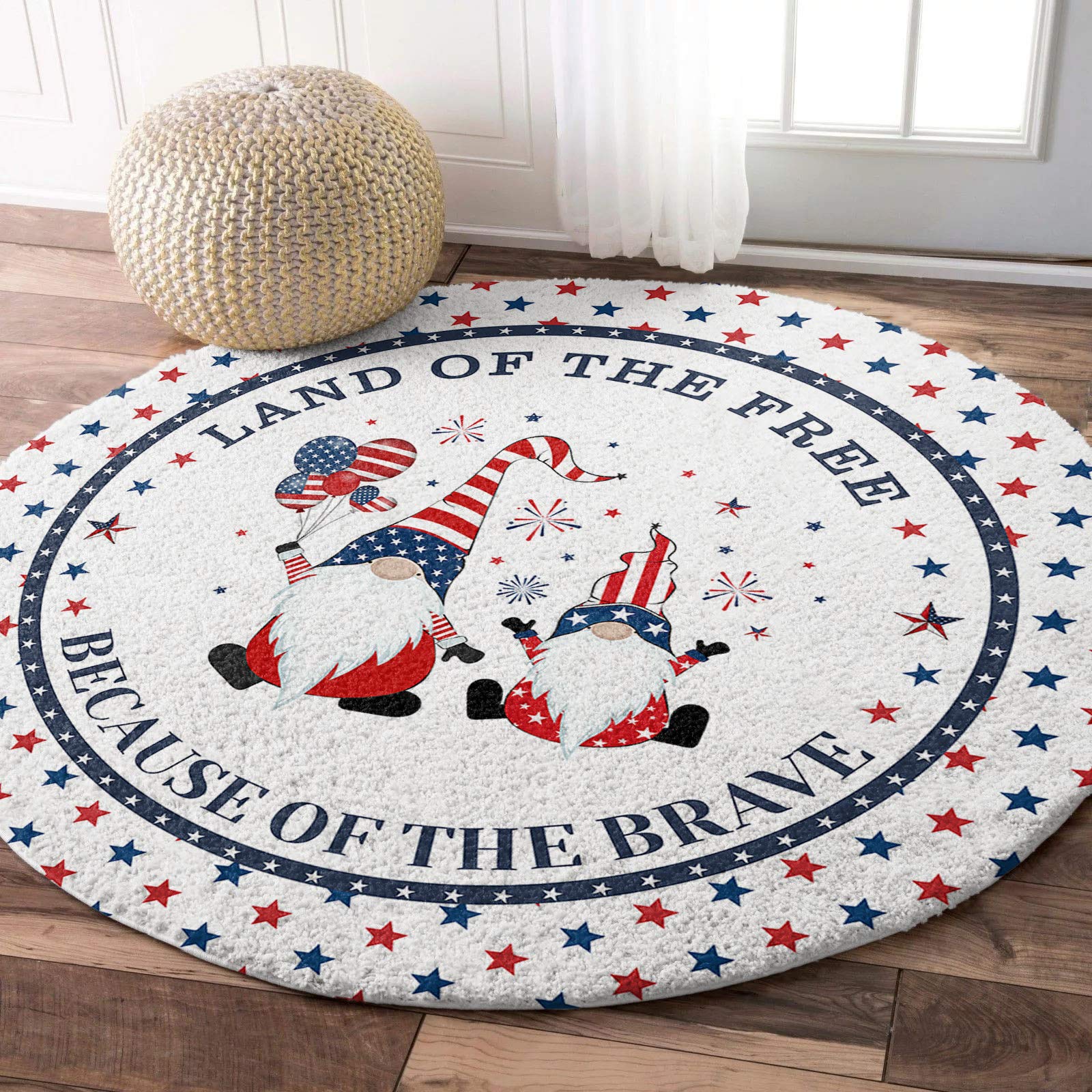 36in Soft Fluffy Round Area Rug - 4th of July American Flag Gnomes Design, Washable Non-Slip Shaggy Carpet for Bedroom, Living Room & Nursery - Perfect for Independence Day Decor, Kids Room & Cozy Home Flooring