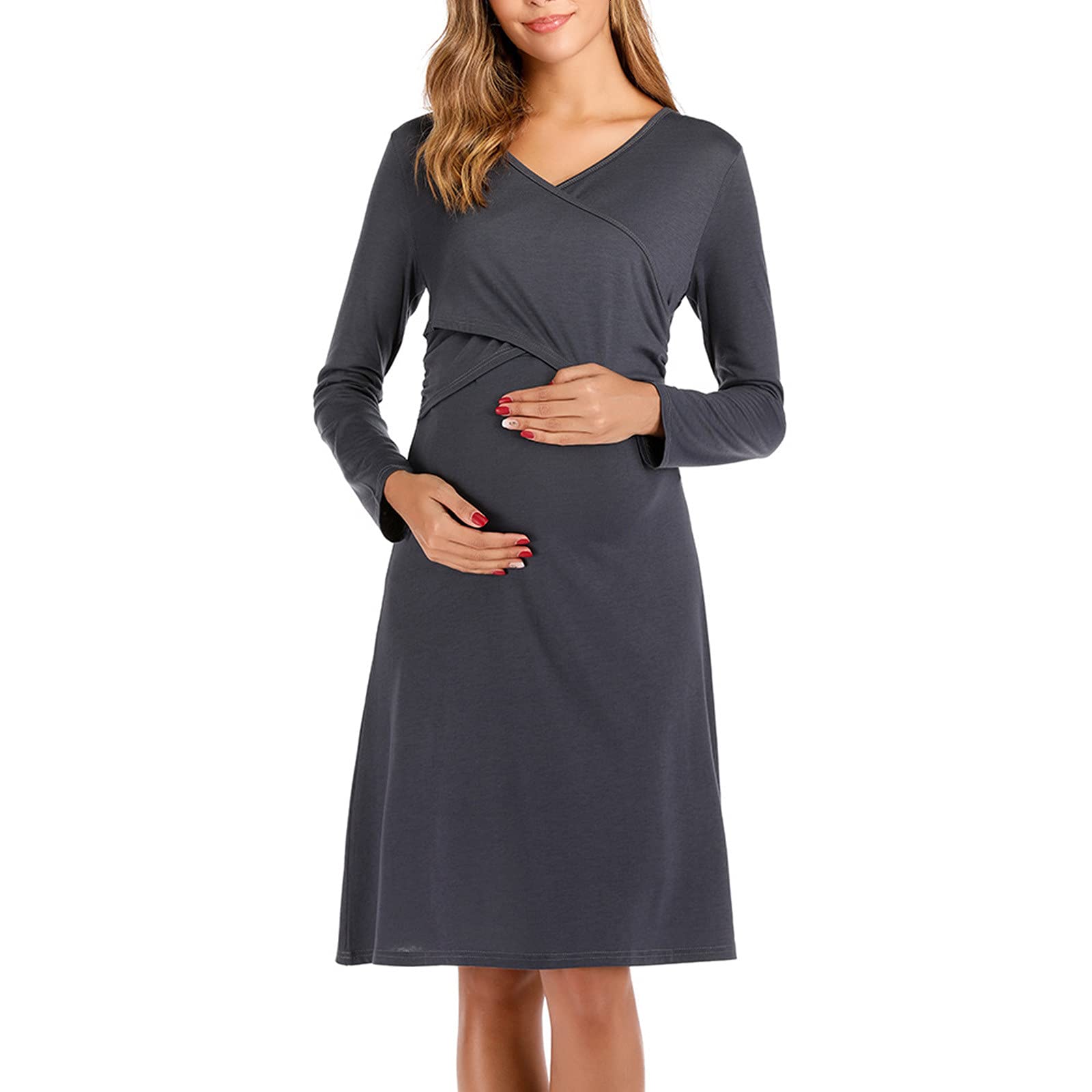 Elegant Maternity Nursing Dress Long Sleeve V-Neck Ruched Pregnant Midi Dress - Comfortable & Stylish for Pregnancy, Nursing, Evening Parties & Special Occasions