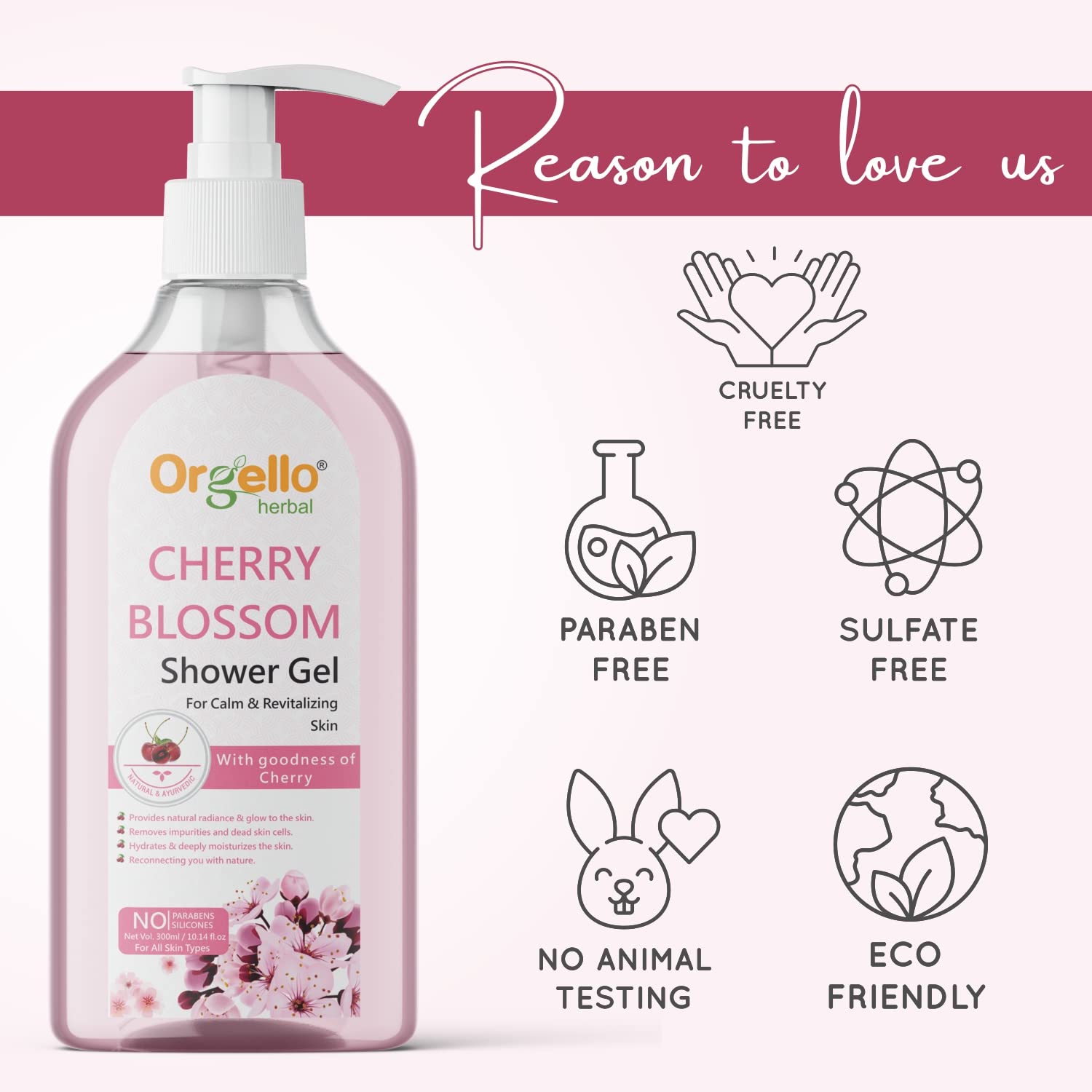 Orgello Cherry Blossom Shower Gel for All Skin Types - Hydrating & Moisturizing Body Wash, Paraben & Silicone Free, 300ml - Perfect for Daily Shower & Spa Relaxation at Home