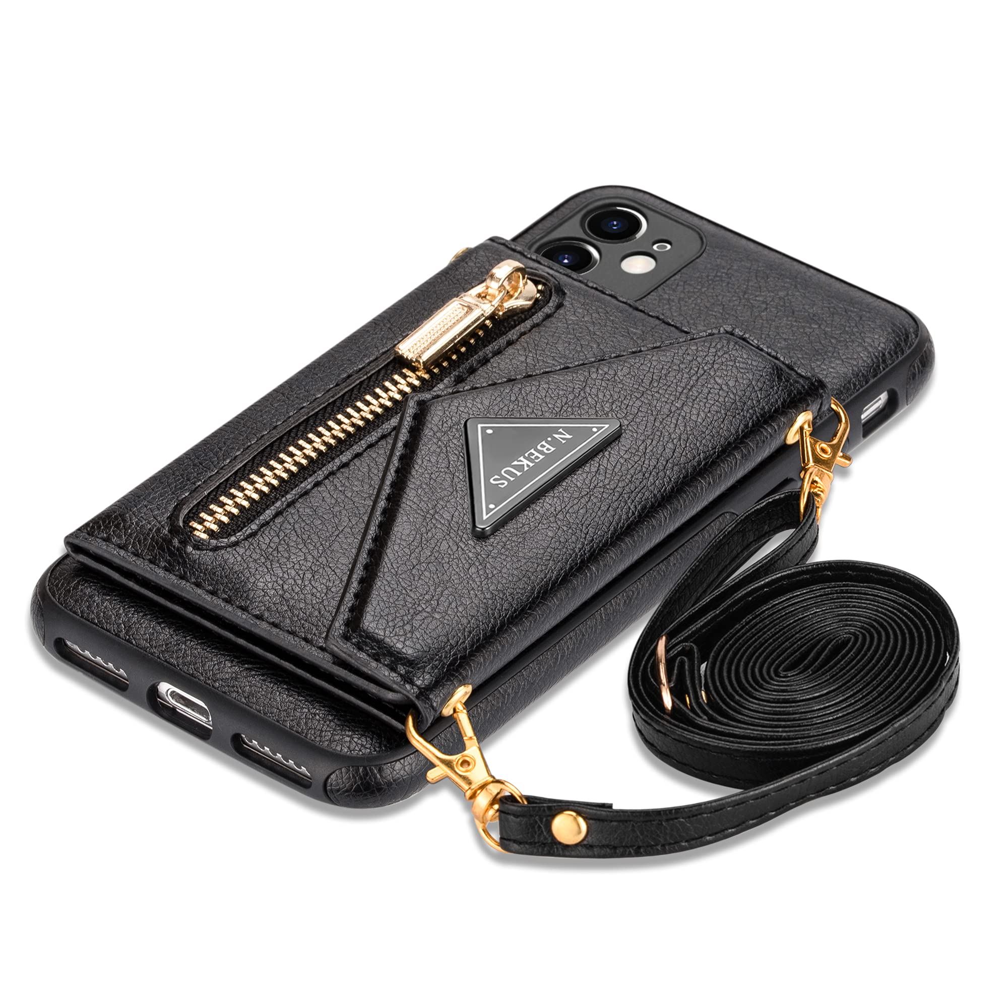 SZHAIYU Women's PU Leather Crossbody Wallet Phone Case for iPhone 11 with Lanyard, Credit Card Holder & Kickstand - Black | Perfect for Travel, Shopping & Daily Use
