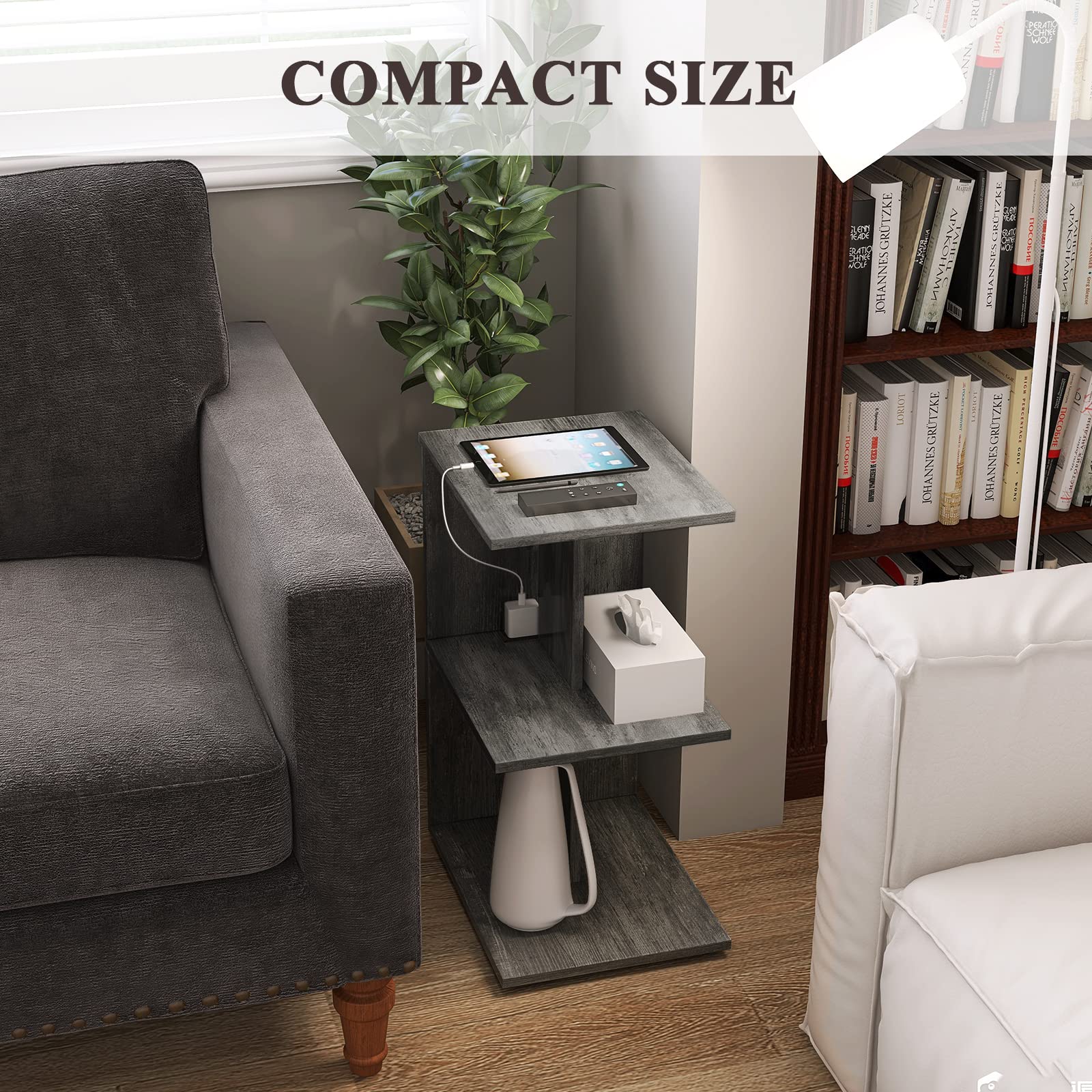 ZGREN Narrow End Table with Charging Station - Slim Side Table with USB Ports & Outlets, Rolling Nightstand for Small Spaces - Perfect for Bedroom, Living Room, or Office as a Space-Saving Night Stand, Sofa Table, or Compact Shelf (Grey)