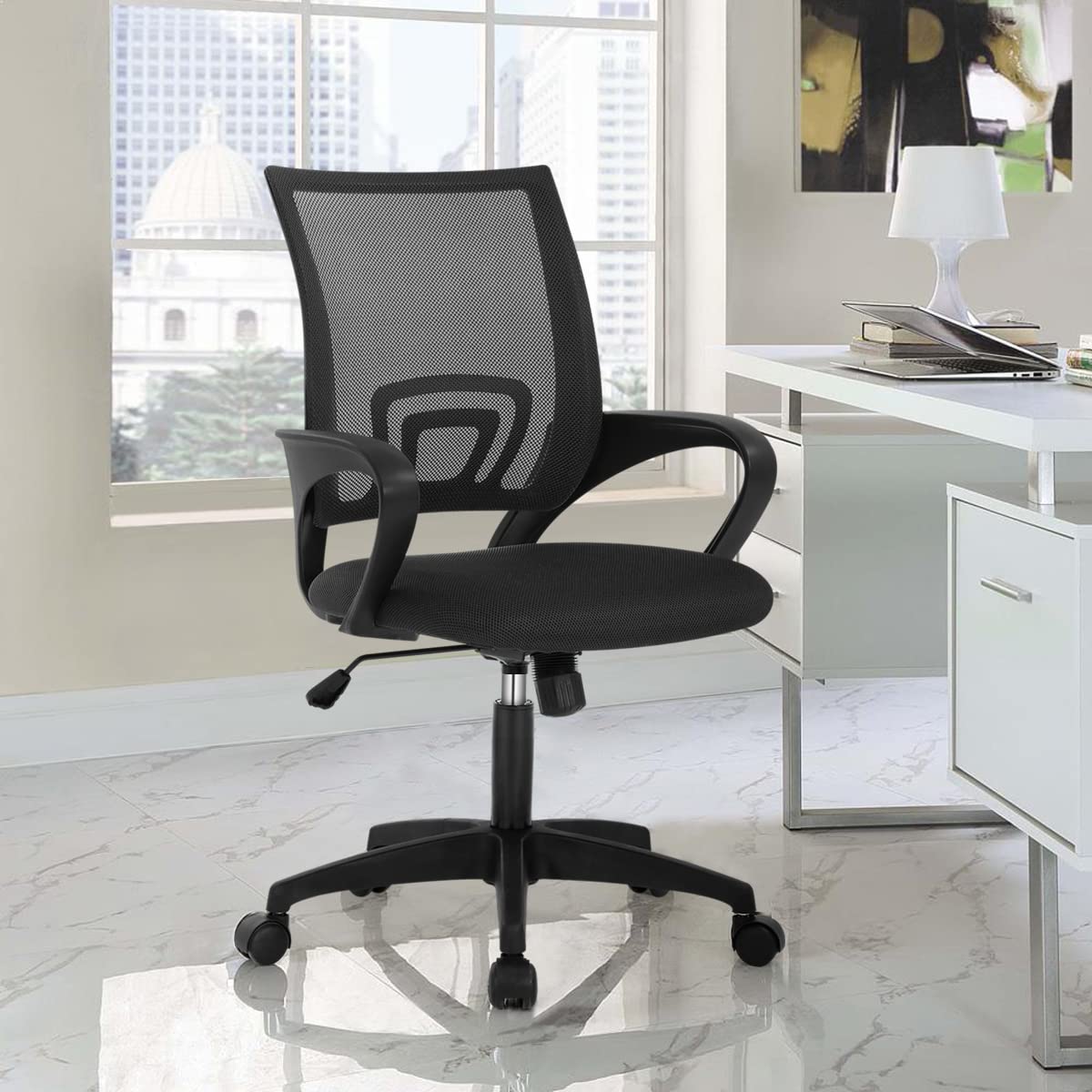 Ergonomic Office Chair with Lumbar Support - Adjustable Mid-Back Mesh Computer Chair with Armrests & Swivel Wheels for Home Office - Perfect for Long Work Hours & Video Conferencing, Black