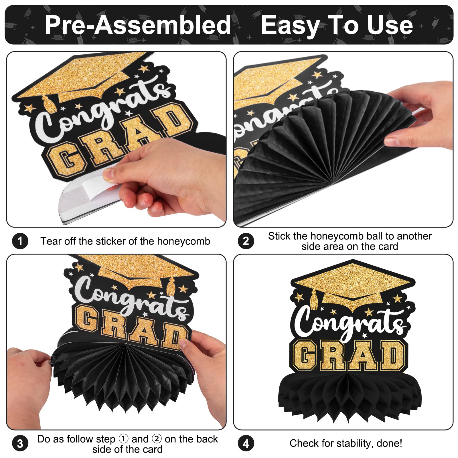 8-Piece Class of 2025 Graduation Table Decor Set - Black & Gold Honeycomb Centerpieces for Grad Party, Congrats Grad Table Toppers - Perfect for High School & College Graduation Ceremonies, Photo Backdrops & Celebration Decorations