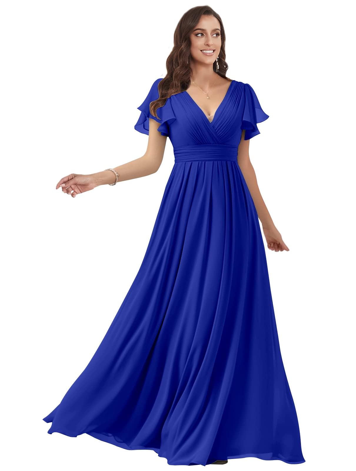 Elegant V-Neck Chiffon Bridesmaid Dress with Sleeves - Long Formal Evening Gown for Weddings, Parties & Special Occasions