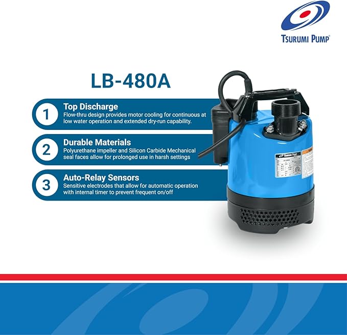 Tsurumi LB 480A 0.48kW Single Phase Portable Submersible Drainage Pump with Semi Vortex Impeller & Relay Unit - 230LPM/110kPa Max Flow - Ideal for Basements, Construction Sites & Flood Control