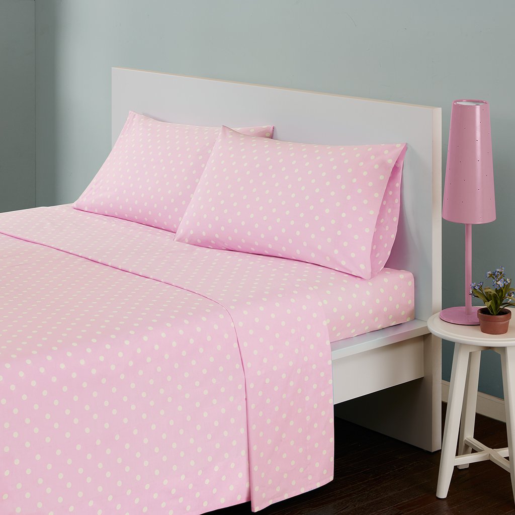 Pink Twin Size Sheet Set for Kids - 100% Cotton Percale Soft Bedding with Polka Dots, Includes Flat Sheet, Fitted Sheet & Pillowcase - Breathable All-Season Bed Set Fits 14