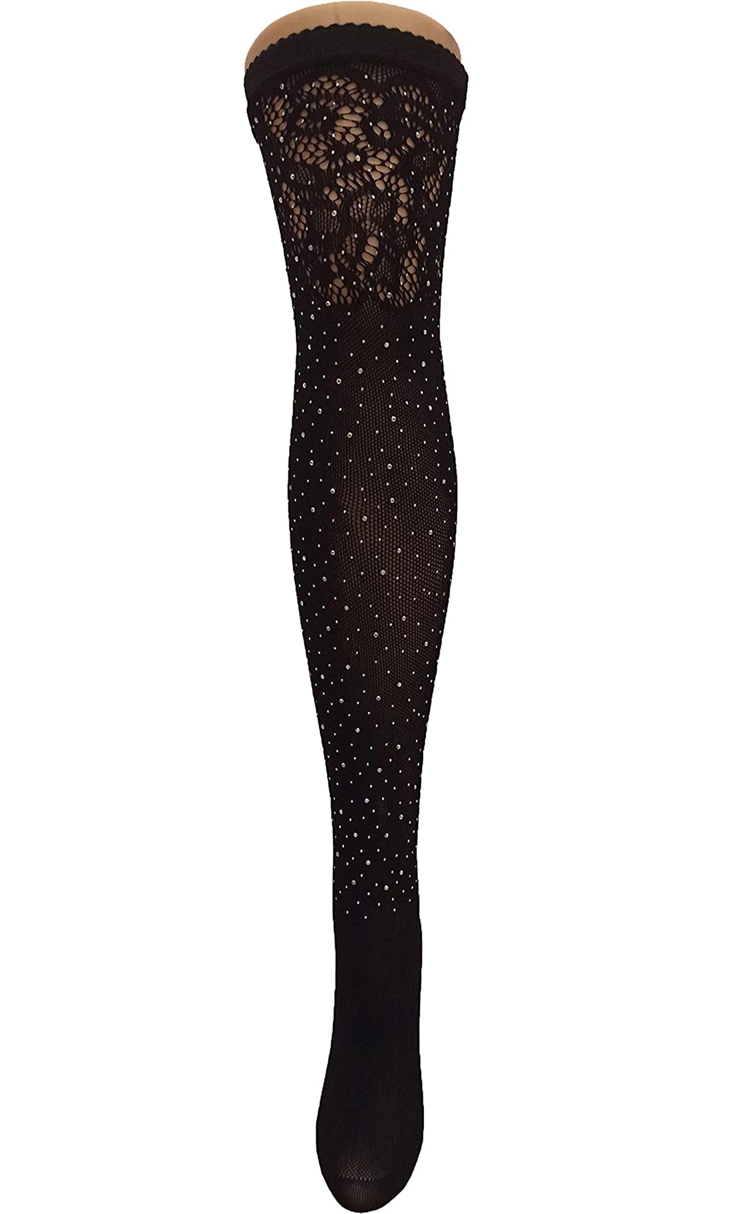 Sexy Women's Floral Jacquard Thigh High Stockings with Rhinestone Details - Fishnet Stockings for Cosplay, Burlesque & Night Out Outfits
