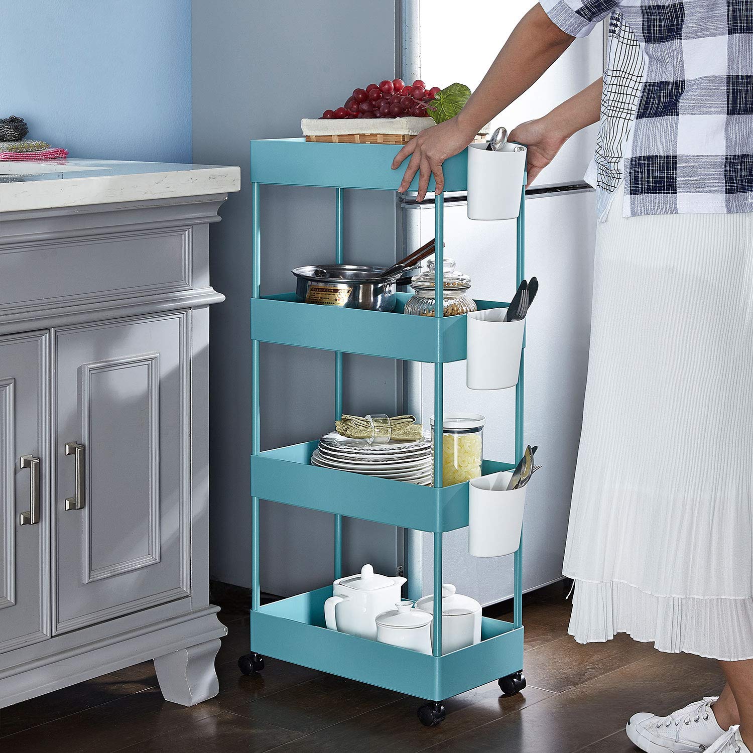 BEEY 4-Tier Slim Rolling Storage Cart with Wheels - Compact Utility Organizer for Kitchen, Bathroom, Bedroom, Office - Blue | Perfect for Craft Supplies, Bath Essentials & Small Space Storage