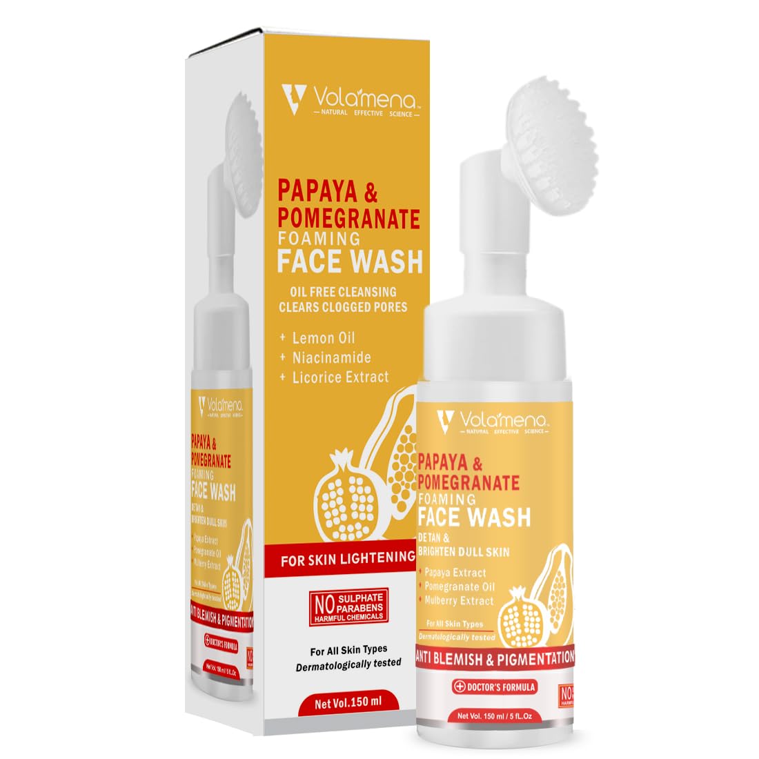 Volamena Papaya & Pomegranate Foaming Face Wash for Glowing Skin - 150ml Gentle Cleanser for Women & Men | Perfect for Daily Skincare Routine & Acne-Prone Skin