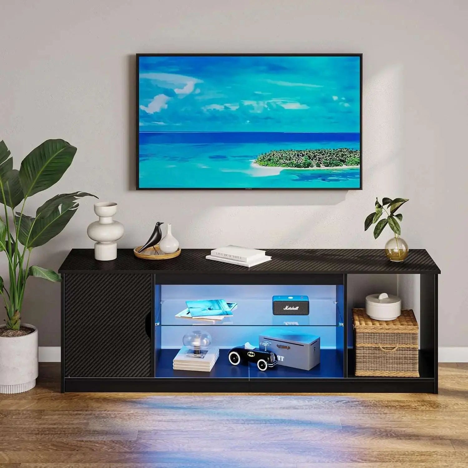 Bestier 58 Inch TV Stand with Storage Cabinet for PS5, Gaming Console & 65 Inch LED TV - Modern Entertainment Center for Living Room, Bedroom & Game Room