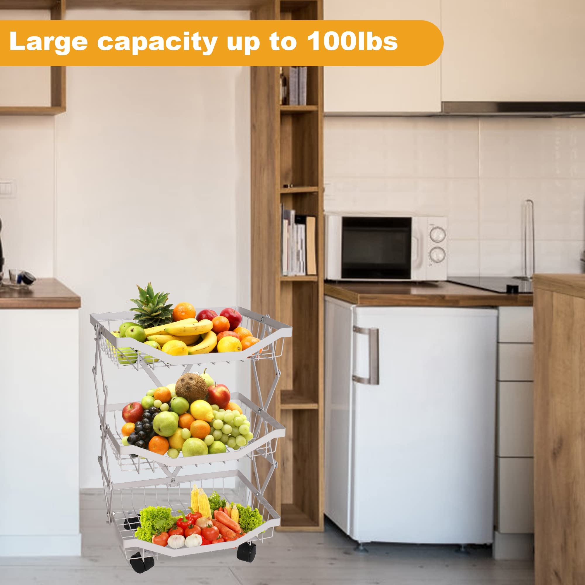 3-Tier Metal Wire Fruit Basket Organizer with Wheels - Foldable Kitchen Storage for Fruits & Vegetables - White - Perfect for Kitchen, Bathroom, Living Room & Bedroom Organization