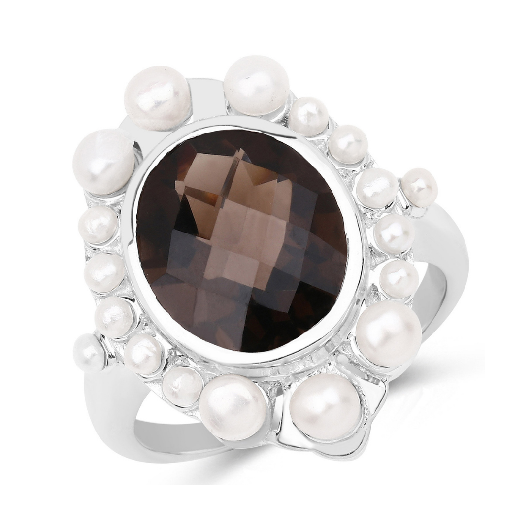 Elegant Smoky Quartz & Pearl Silver Halo Ring for Women | Vintage Inspired Wedding Band, Engagement Jewelry Gift | Perfect for Anniversaries, Date Nights & Special Occasions